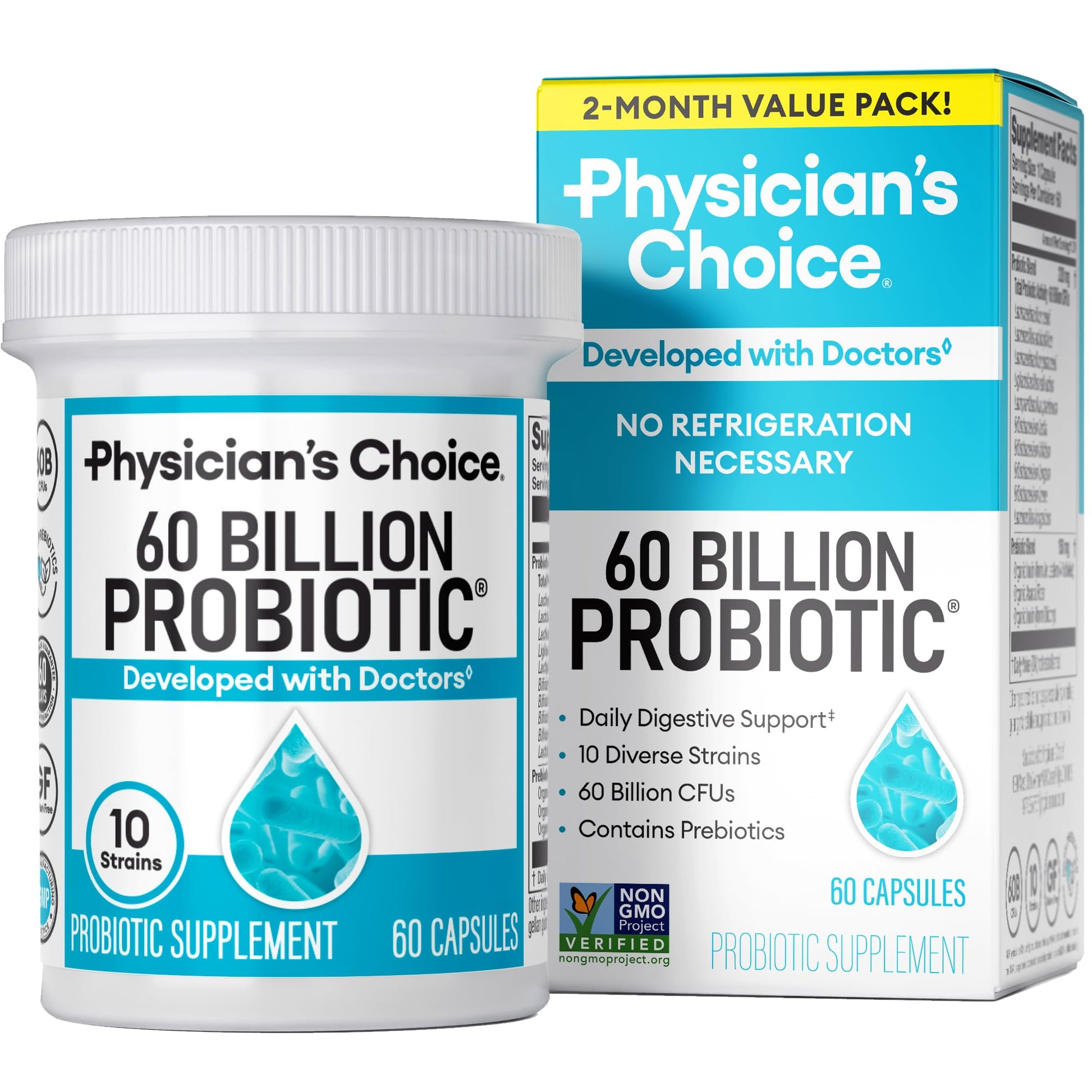 Physician's CHOICE Probiotics 60 Billion CFU - 10 Strains + Organic Prebiotics - Immune, Digestive & Gut Health - Supports Occasional Constipation, Diarrhea, Gas & Bloating - for Women & Men - 60ct - Medaid International