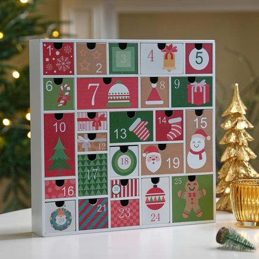 Wooden Advent Calendar with 25 Drawers for Kids, Refillable Advent Calendar for 2025, Red&Green Reusable Christmas Countdown Calendar with Classic Holiday Designs - Medaid International