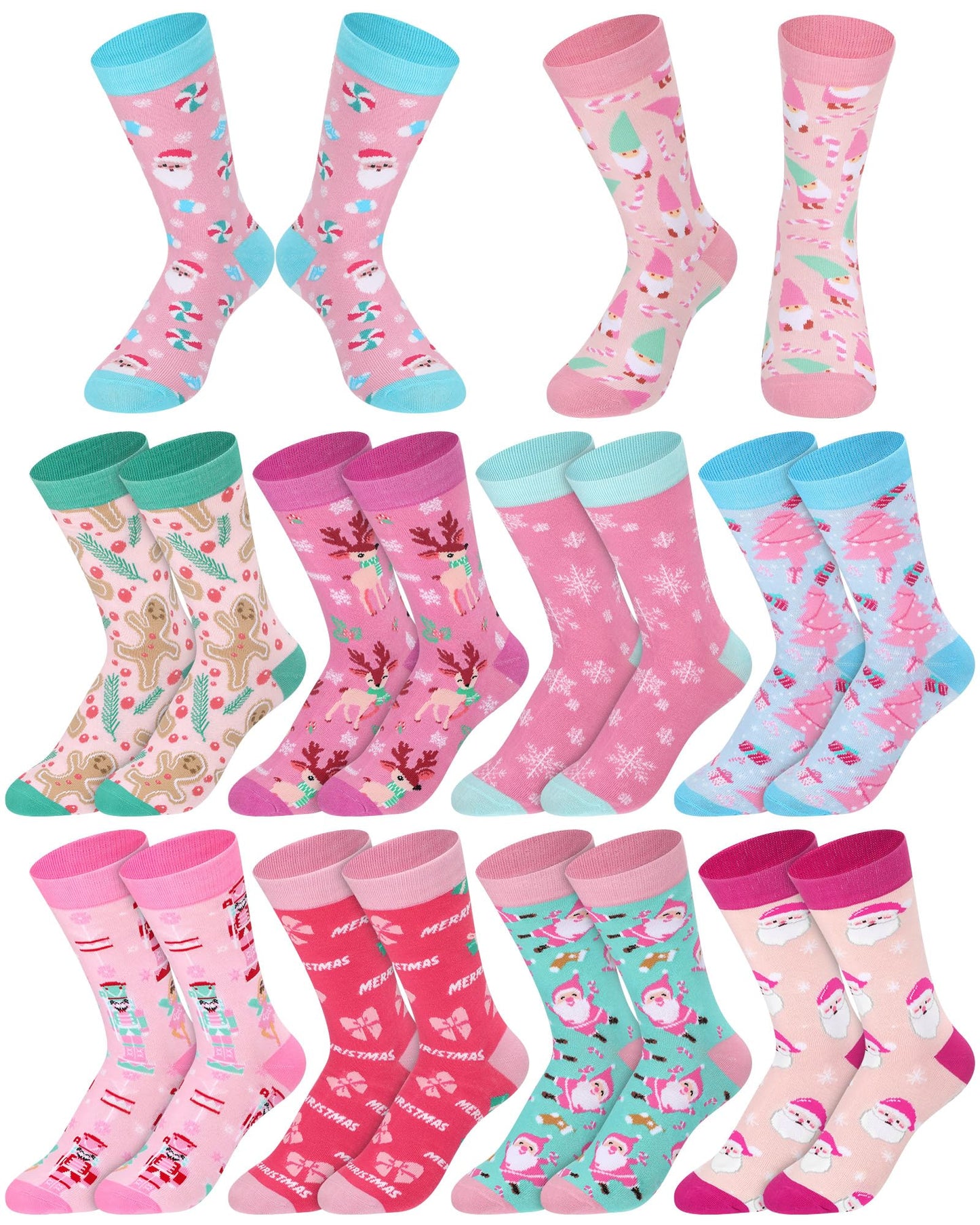 Croloose 10 Pairs Pink Christmas Socks for Women Bulk Fun Xmas Crew Socks Holiday Gift for Stocking Stuffer Party Favors (Multicolor Style) - Medaid International