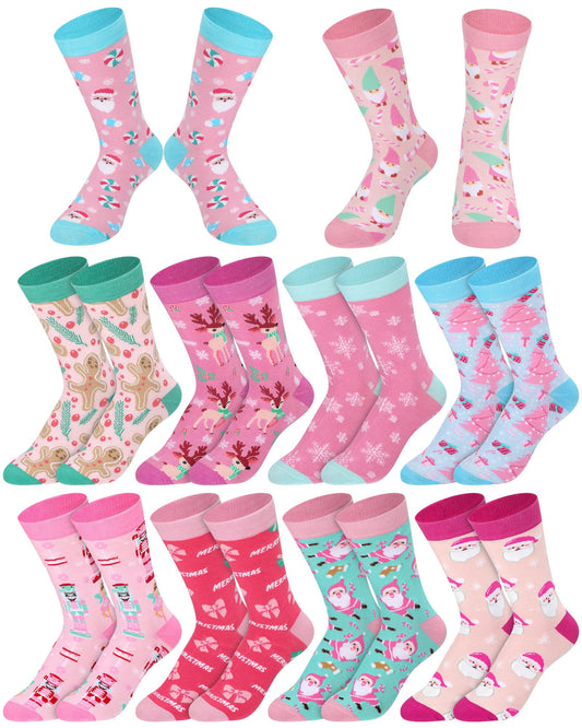Croloose 10 Pairs Pink Christmas Socks for Women Bulk Fun Xmas Crew Socks Holiday Gift for Stocking Stuffer Party Favors (Multicolor Style) - Medaid International
