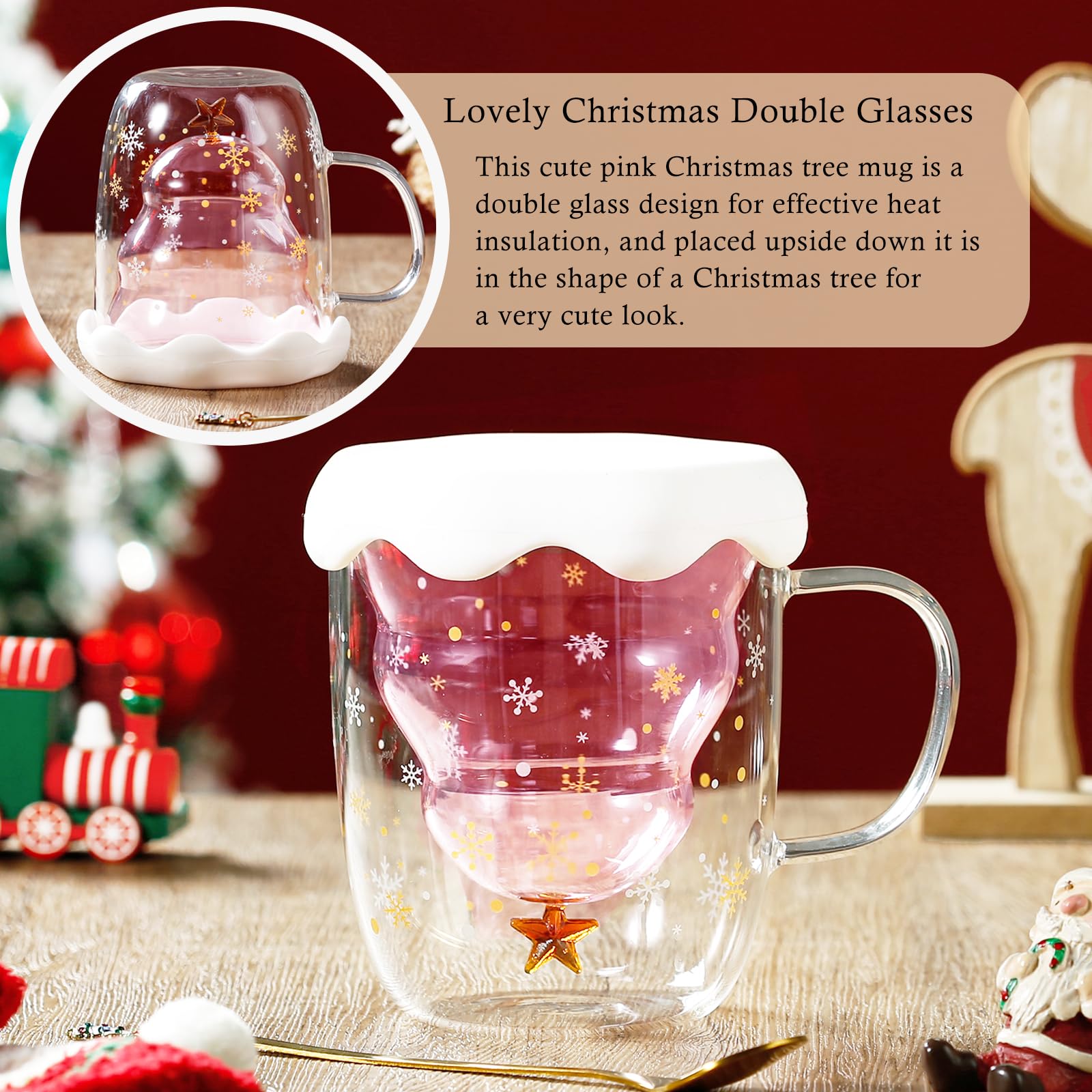 Binoster Cute Mugs Christmas Gifts Coffee Mug Double Walled Glass Mugs Milk Tea Espresso Cup Christmas Tree Decorations Christmas Funny Gifts for Women Men Kids Girls Her Best Friend（Pink） - Medaid International