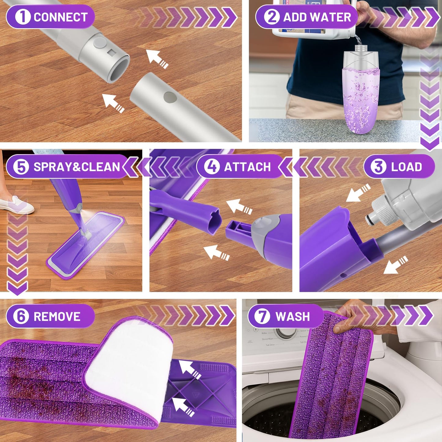 HOMTOYOU Spray Mops for Floor Cleaning: Wet Mop for Hardwood Tile Wood Laminate Vinyl - 3 Washable Microfiber Pads for Swiffer Powermop - Absorbs Pet Hair Dust - Medaid International