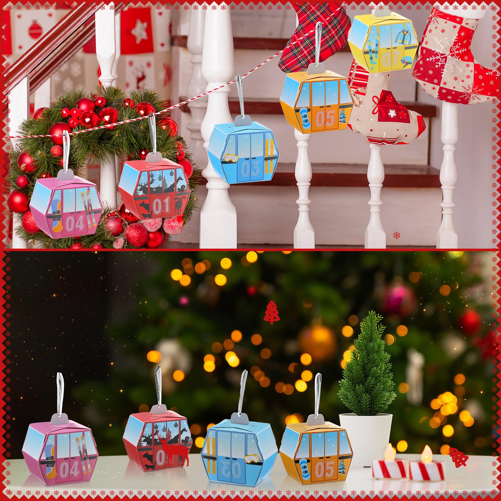 Yexiya Gondola Lift Advent Calendar for Christmas Countdown 25 Empty Advent Boxes Red White Rope and Twist Tie DIY Decoration for Xmas Holiday Hanging Decor - Medaid International