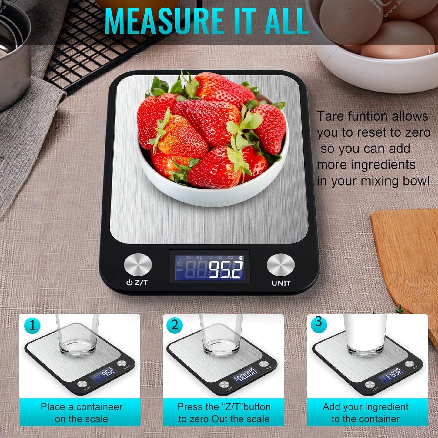 SKY-TOUCH Digital Kitchen Scale Multifunction Food Scale, Touch Button, Ultra Slim with Large LCD Display, 11lb/5kg, 22lb/5kg, Stainless Steel (Batteries Included) (10000g/1g) - Medaid - Lebanon