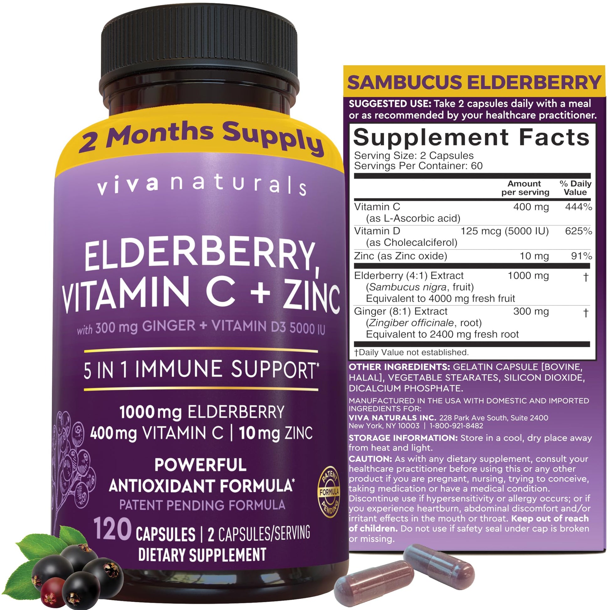 Viva Naturals Elderberry with Vitamin C and Zinc for Adults - 5 in 1 Sambucus Black Elderberry Capsules with Vitamin D3 5000 IU Immunity Supplement, Sambucus Elderberry Immune Support Supplement - Medaid International