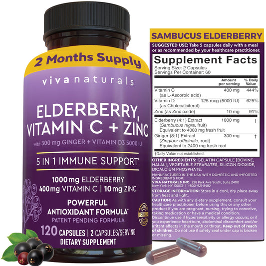 Viva Naturals Elderberry with Vitamin C and Zinc for Adults - 5 in 1 Sambucus Black Elderberry Capsules with Vitamin D3 5000 IU Immunity Supplement, Sambucus Elderberry Immune Support Supplement - Medaid International