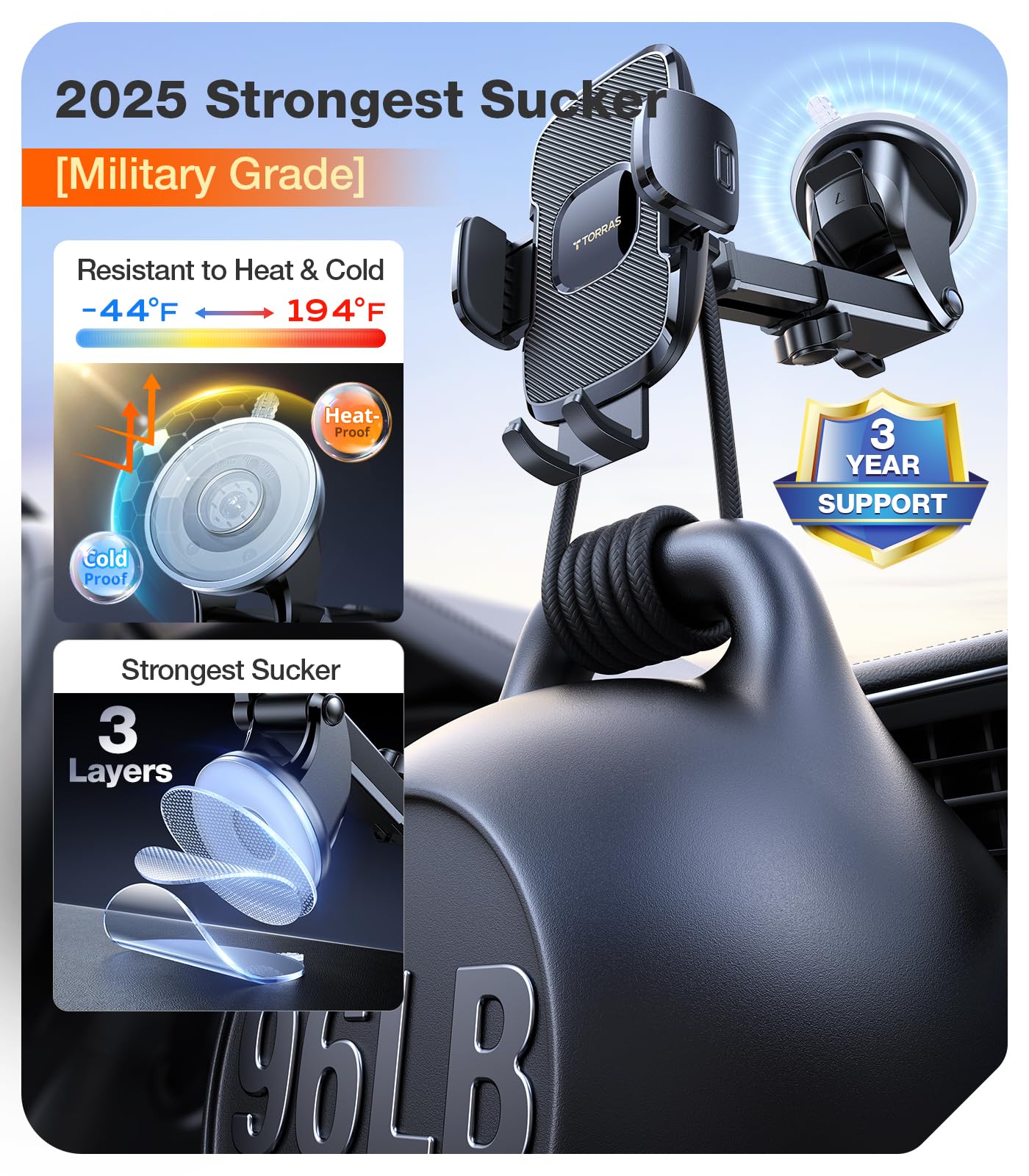 TORRAS Military-Grade Phone Holders for Your Car【96+LBS Strongest Suction】 Car Phone Holder Mount, Ultra-Durable Cell Phone Car Mount for Dashboard Windshield Vent for iPhone 17 16 15 14 13 Pro Max - Medaid International