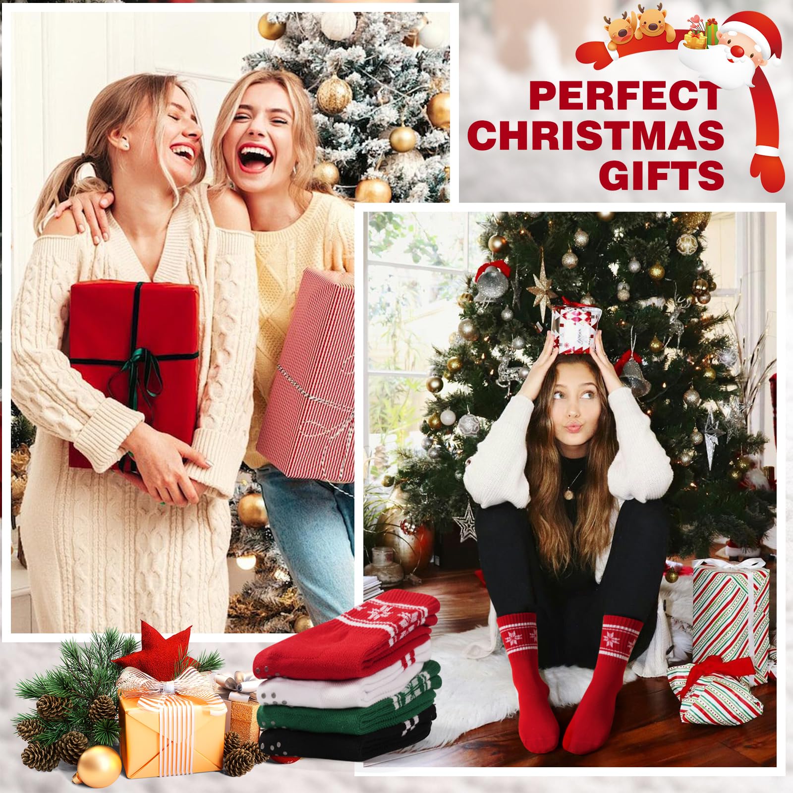 Toes Home Pilates Socks for Women with Non Slip Grips, Christmas Gifts Yoga Crew Socks for Barre Hospital Slipper 4 Pairs Red Green - Medaid International