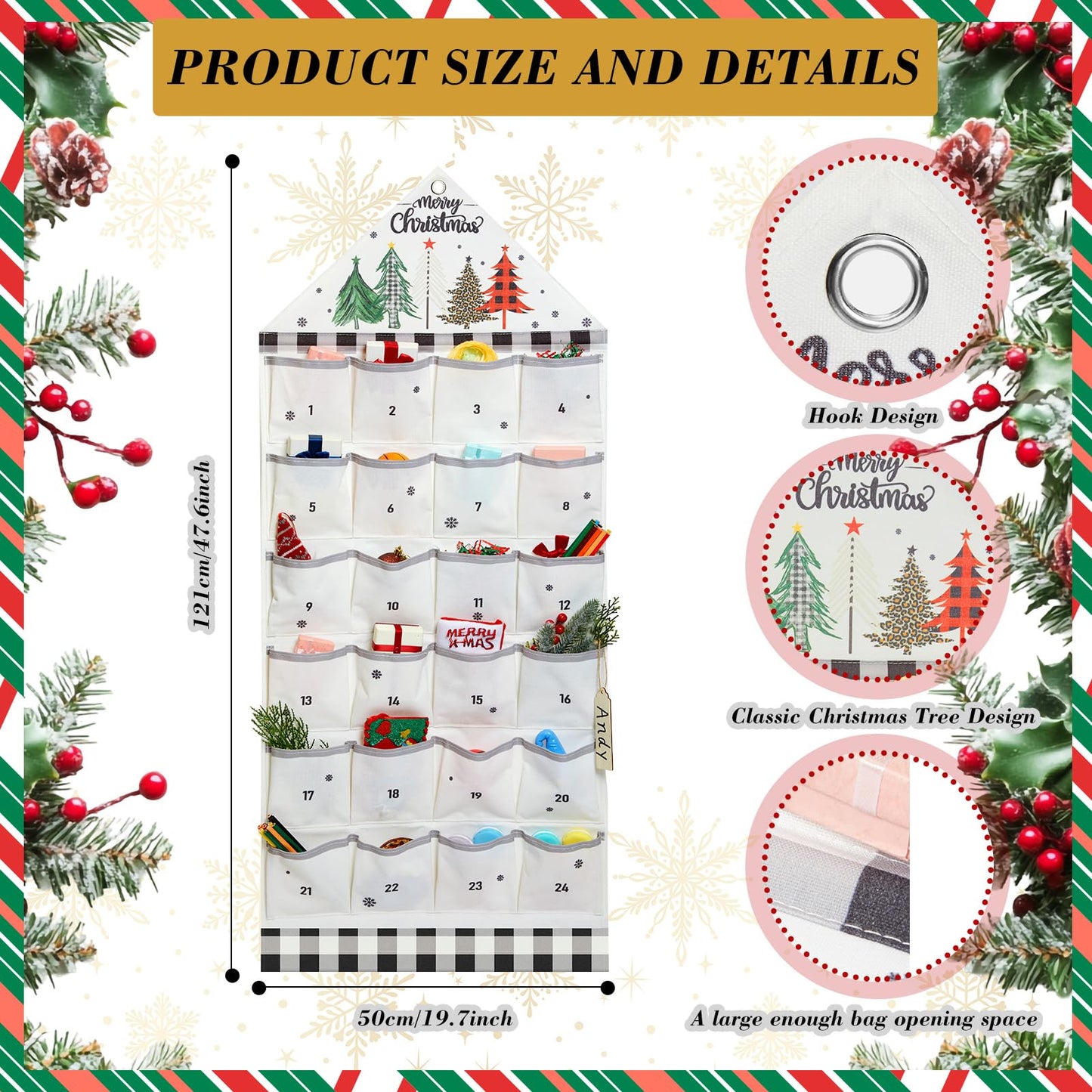 SATINIOR Christmas Fabric Advent Calendar with 24 Pockets Reusable Empty Advent Calendar Wall Hanging Bag Countdown Cloth for Xmas Holiday Wall Decoration - Medaid International