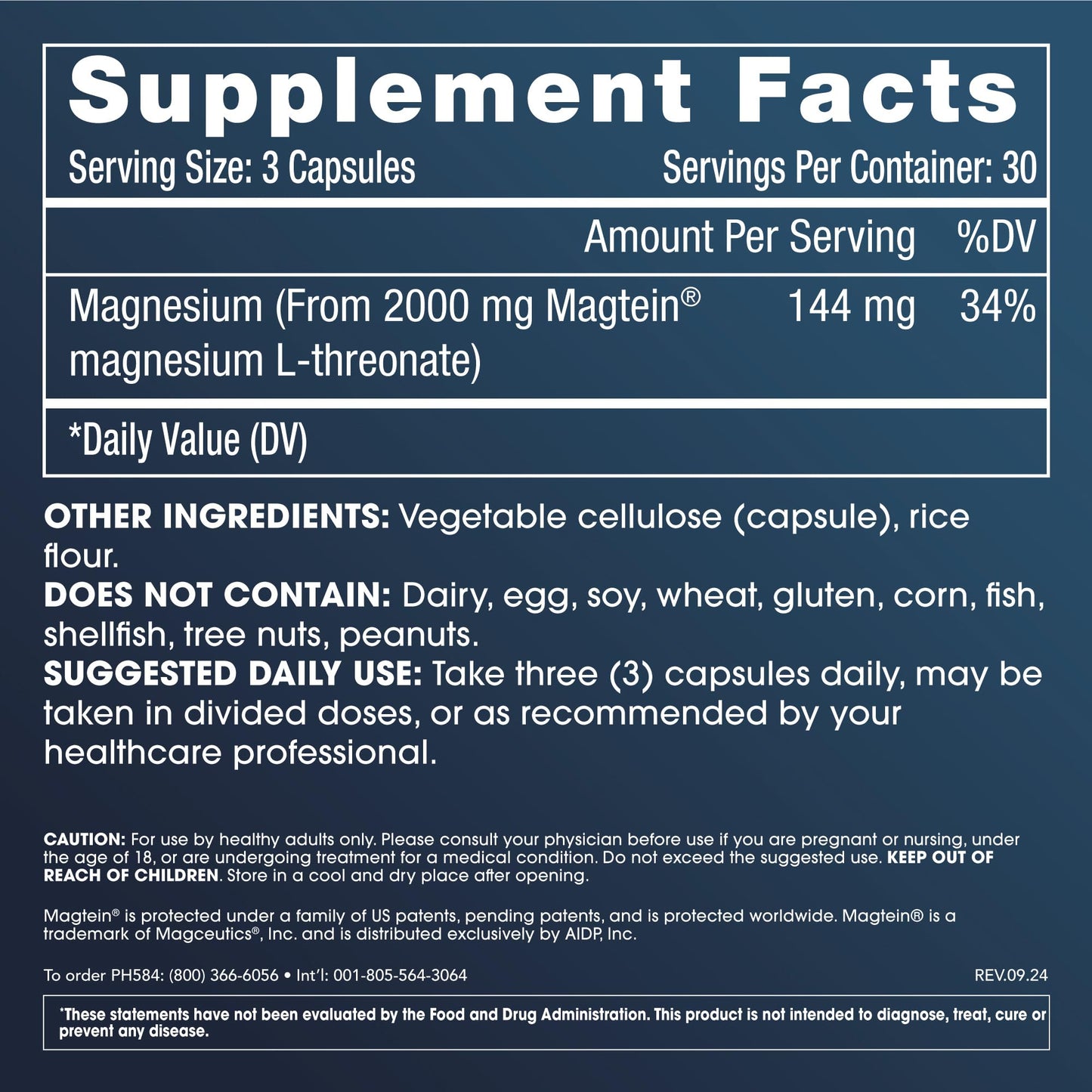 Magnesium L-Threonate Supplement (Magtein), 90 Capsules | Clinically Supported for Brain Health | Optimize Learning, Memory & Focus | 3rd Party Tested - Medaid International