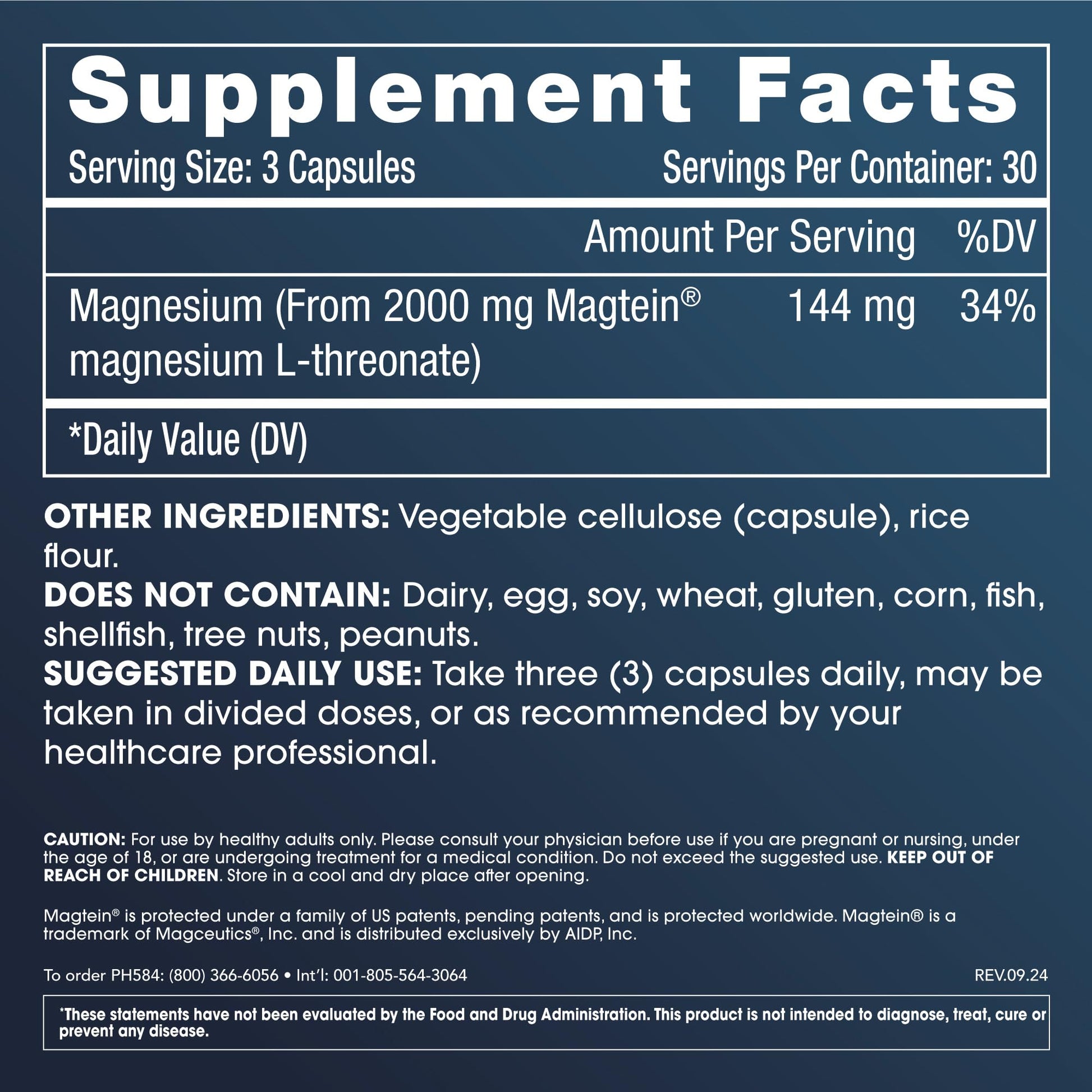 Magnesium L-Threonate Supplement (Magtein), 90 Capsules | Clinically Supported for Brain Health | Optimize Learning, Memory & Focus | 3rd Party Tested - Medaid International