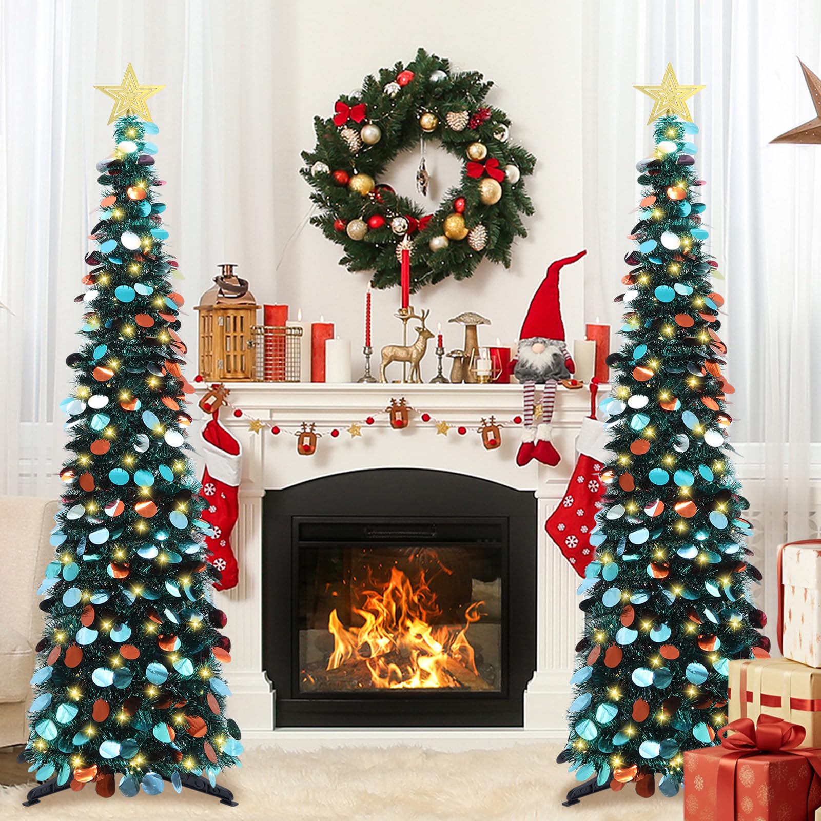 HMASYO 5 FT Pop Up Christmas Tree with Timer Lights, Blue Christmas Tinsel Tree, Collapsible Artificial Pencil Christmas Tree for Indoor Home Apartment Porch Holiday Party Decorations - Medaid International