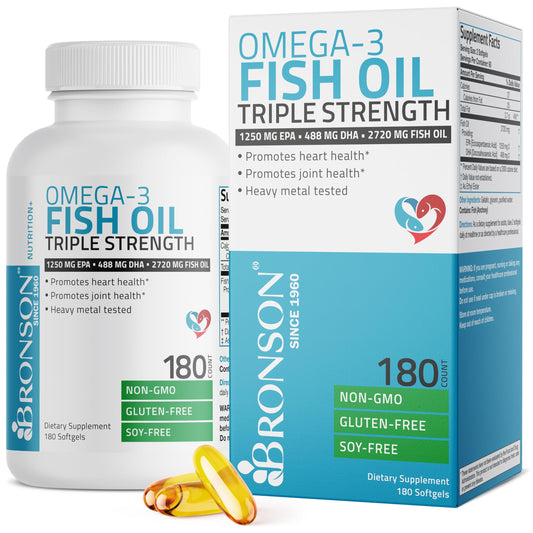 Bronson Omega 3 Fish Oil Triple Strength 2720 mg, High EPA 1250 mg DHA 488 mg, Non-GMO Heavy Metal Tested, 180 Softgels - Medaid International