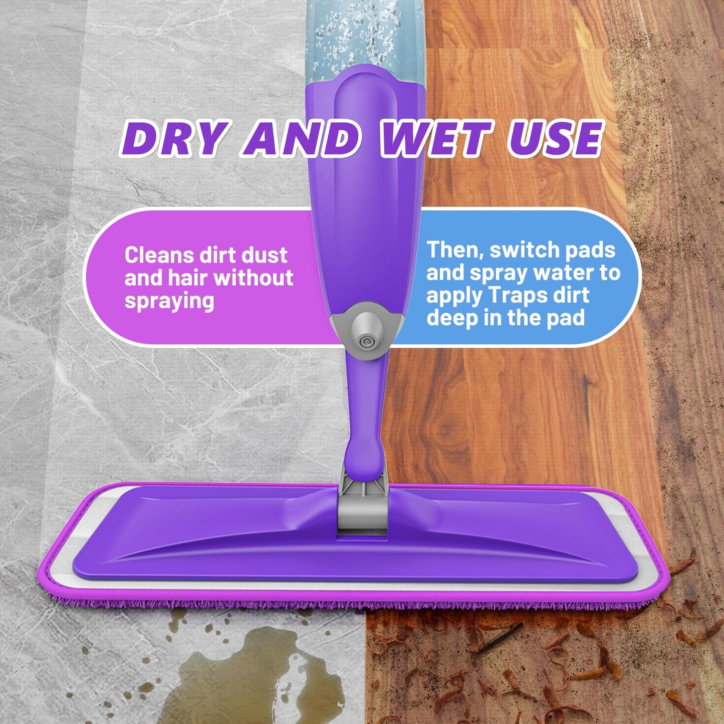 HOMTOYOU Spray Mops for Floor Cleaning: Wet Mop for Hardwood Tile Wood Laminate Vinyl - 3 Washable Microfiber Pads for Swiffer Powermop - Absorbs Pet Hair Dust - Medaid International