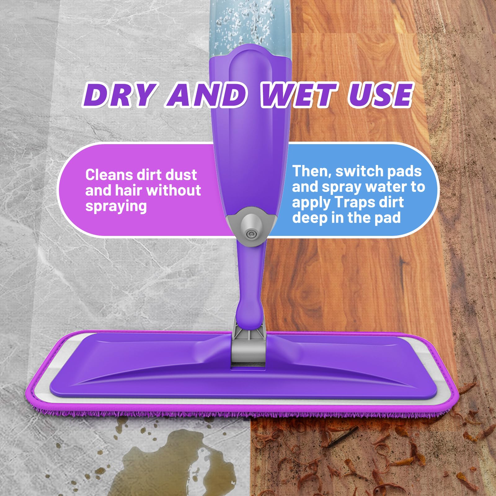 HOMTOYOU Spray Mops for Floor Cleaning: Wet Mop for Hardwood Tile Wood Laminate Vinyl - 3 Washable Microfiber Pads for Swiffer Powermop - Absorbs Pet Hair Dust - Medaid International