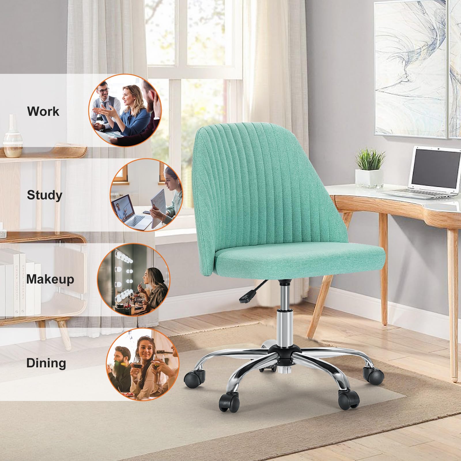 Sweetcrispy Armless Office Chair, Modern Fabric Home Office Desk Chairs with Wheels Adjustable Swivel Task Computer Vanity Seat for Small Spaces - Medaid International