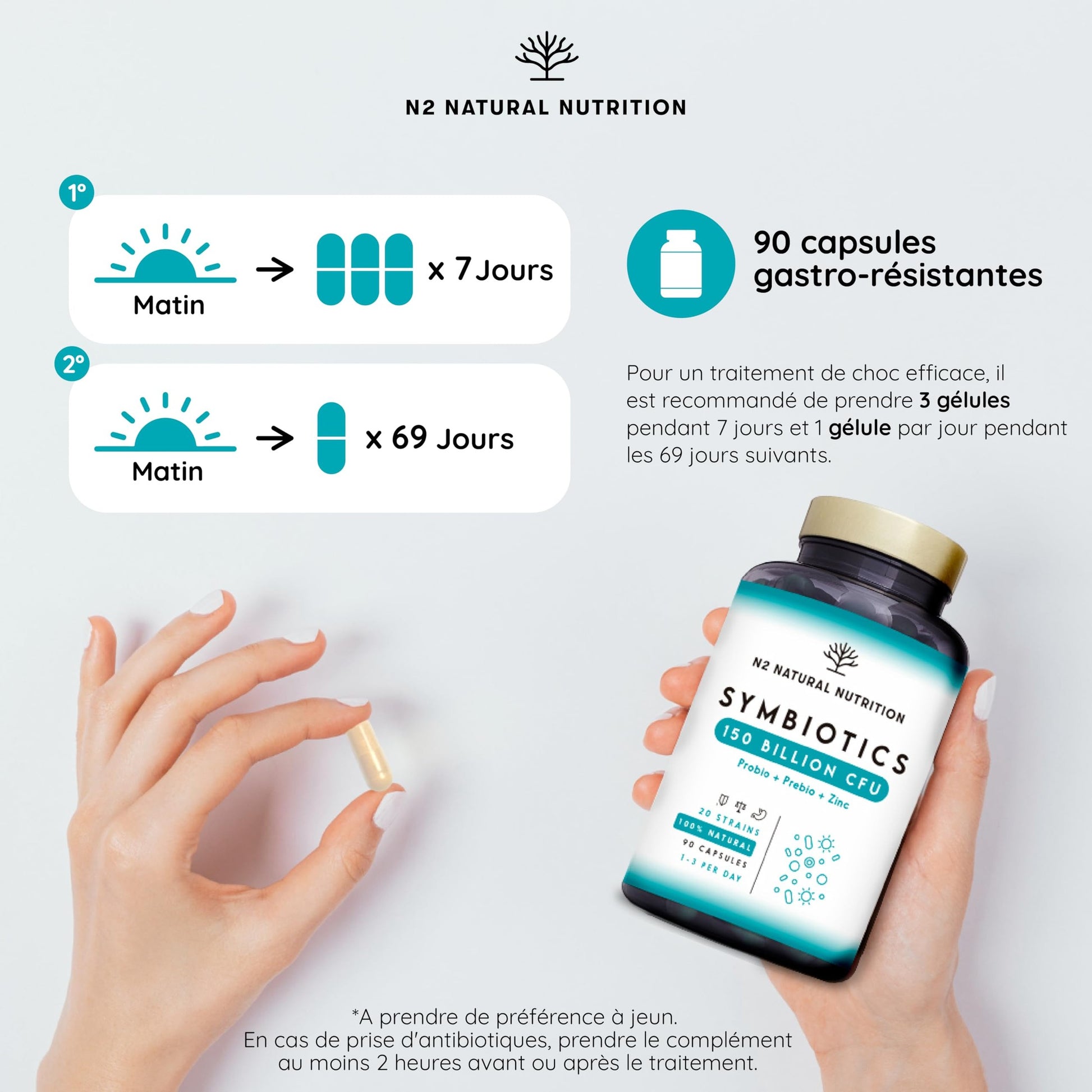 Probiotique Flore Intestinale 150 Milliards UFC, 20 Souches de Bactéries + Zinc + Inuline. Probiotiques pour la Régénération Digestive et Microbiote. 90 gélules, Végétalien. N2 Natural Nutrition - Medaid International