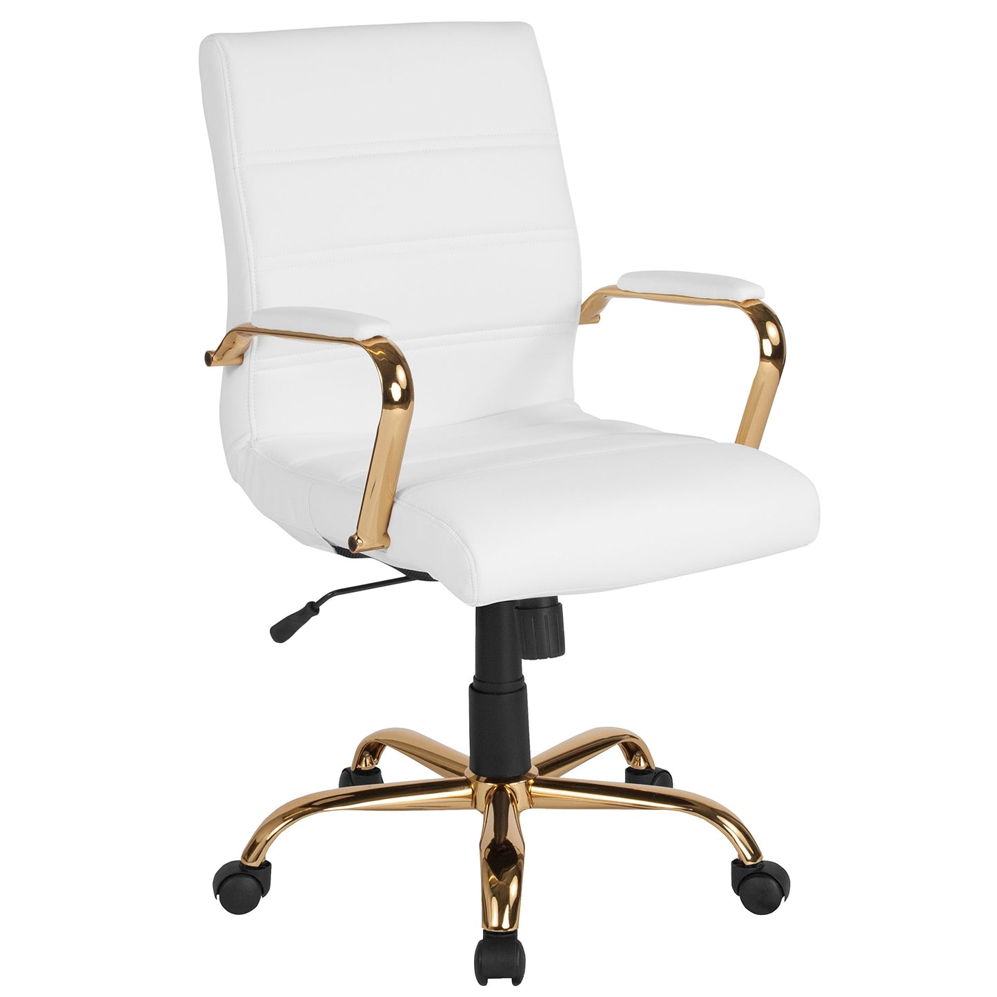Flash Furniture Whitney Mid-Back Swivel LeatherSoft Desk Chair with Padded Seat and Armrests, Adjustable Height Padded Office Chair, White/Gold - Medaid International