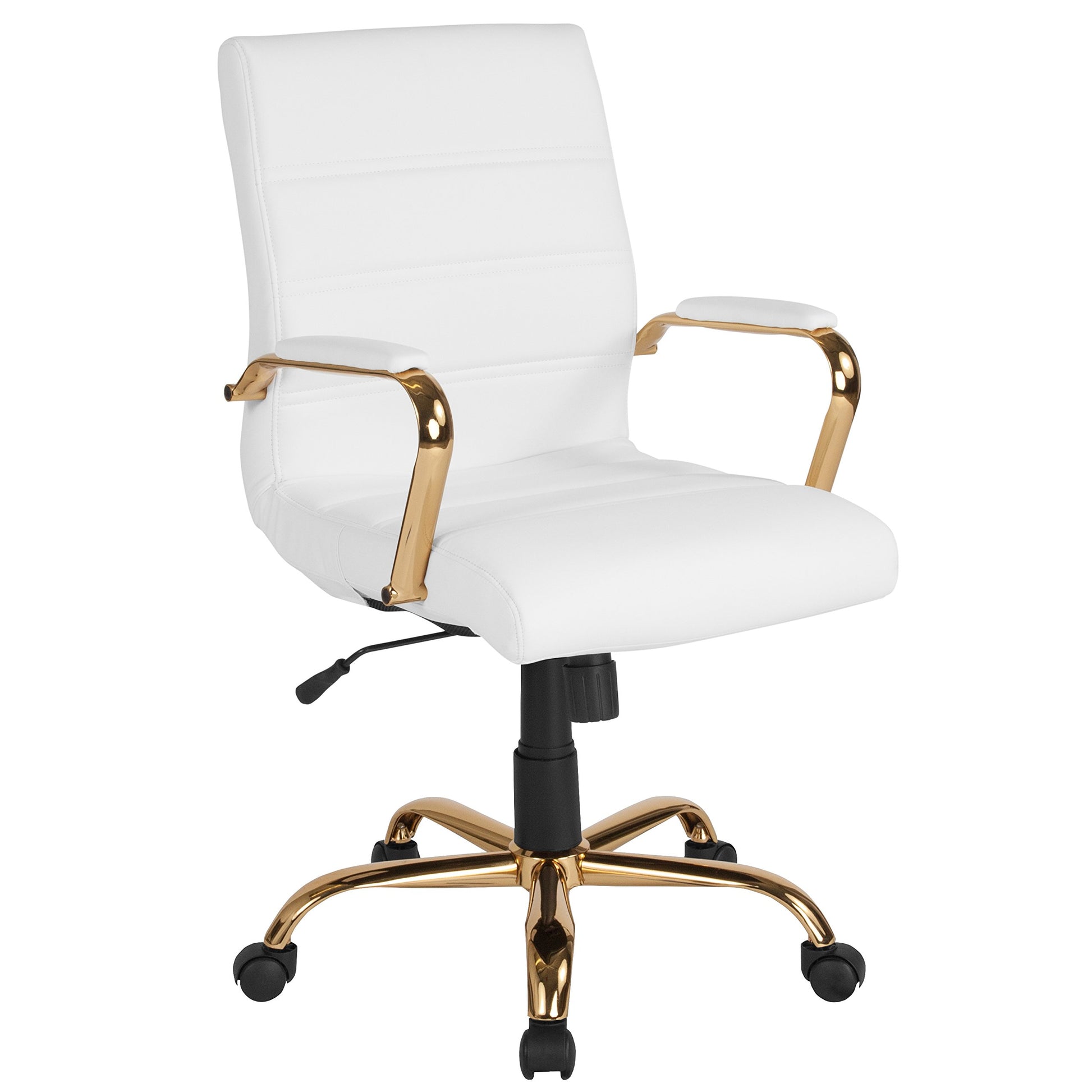 Flash Furniture Whitney Mid-Back Swivel LeatherSoft Desk Chair with Padded Seat and Armrests, Adjustable Height Padded Office Chair, White/Gold - Medaid International