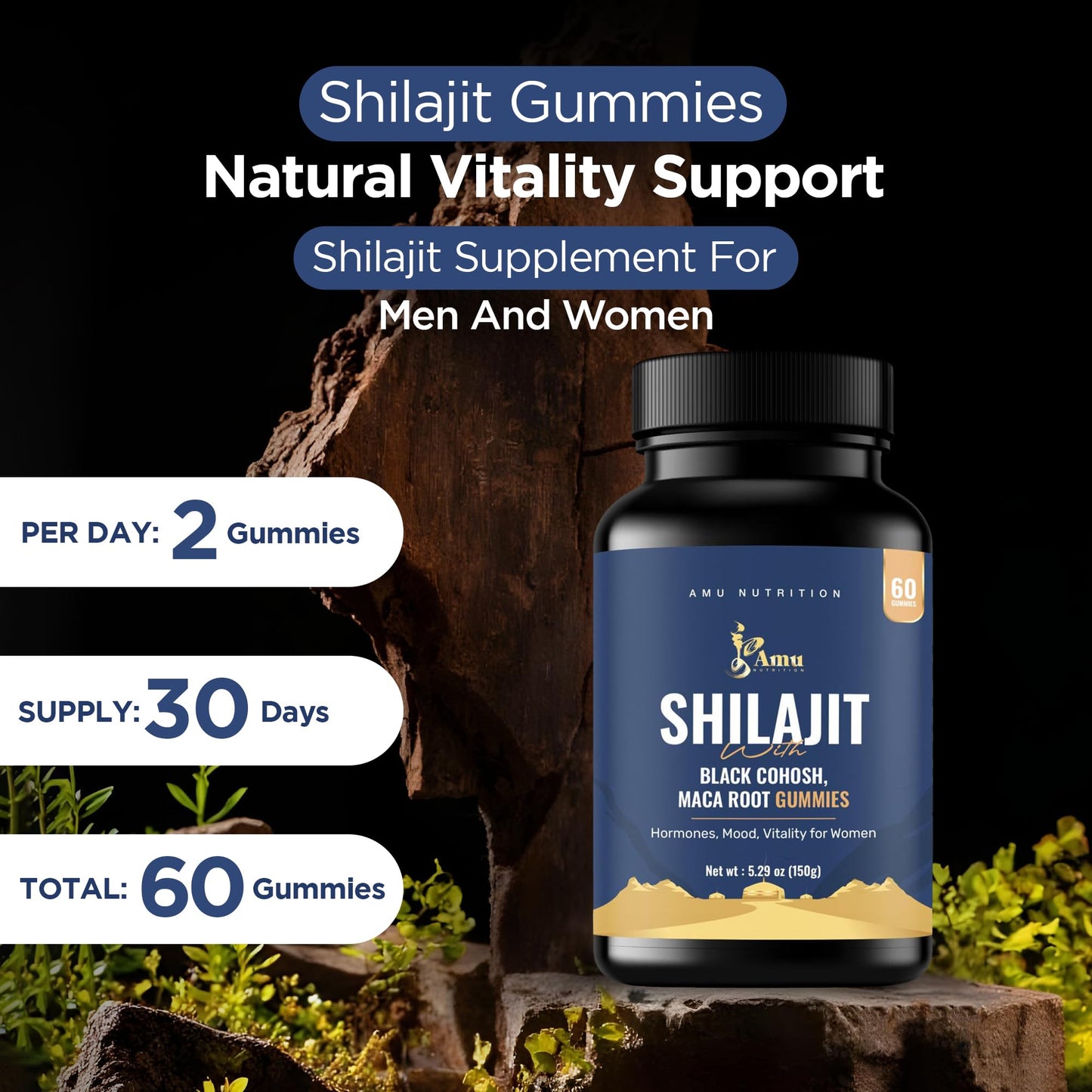 AMU NUTRITION Shilajit Gummies for Men & Women with Maca Root & Black Cohosh (60 Count (Pack of 1), Maca Root & Black Cohosh) - Medaid International
