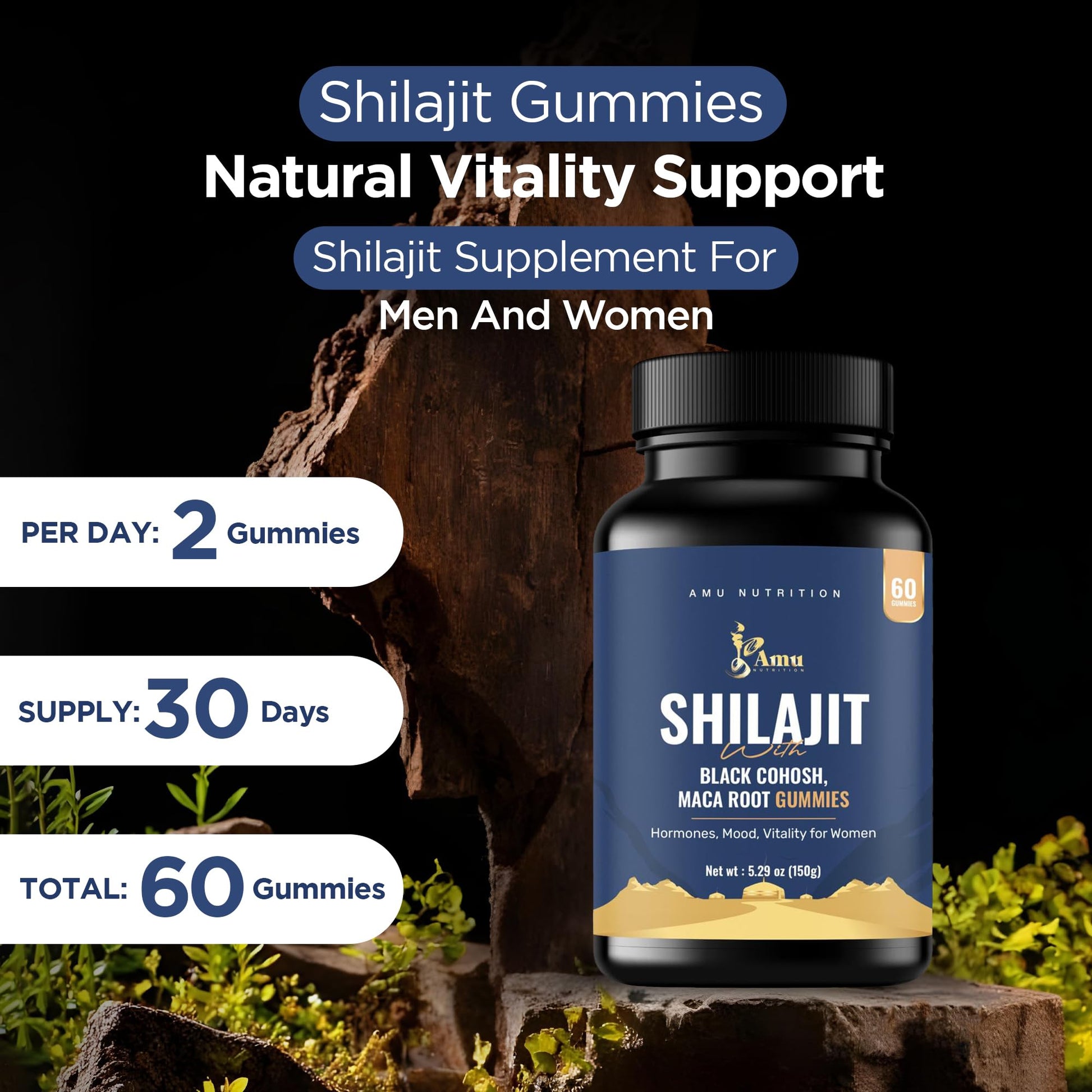 AMU NUTRITION Shilajit Gummies for Men & Women with Maca Root & Black Cohosh (60 Count (Pack of 1), Maca Root & Black Cohosh) - Medaid International