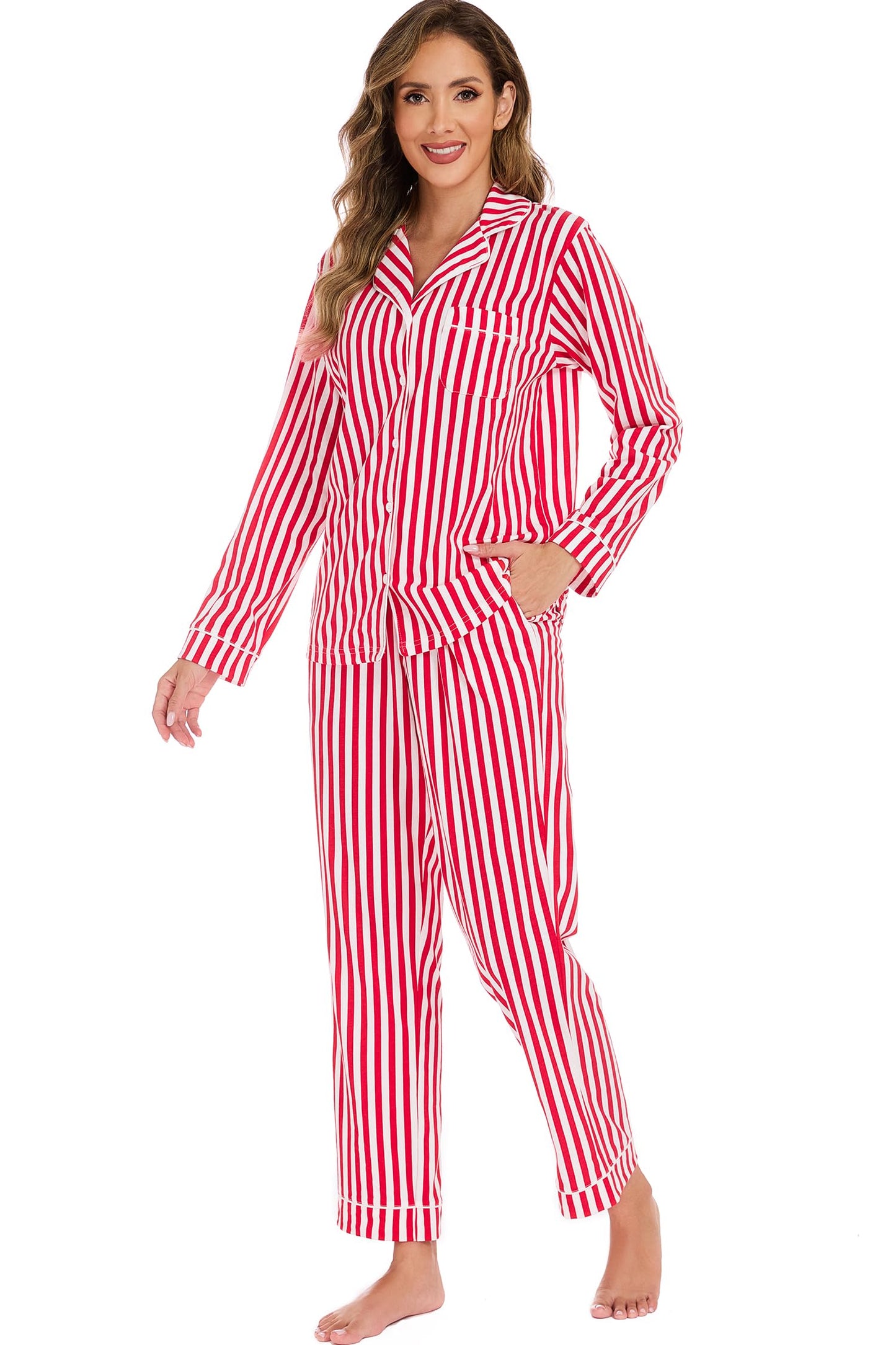 LUBOT Christmas Pajamas for Women 100% Cotton Pajama Set 2 Piece Soft Button Down Xmas Printed PJ Set Long Sleeve Sleepwear Loungewear (Red Stripe, L) - Medaid International