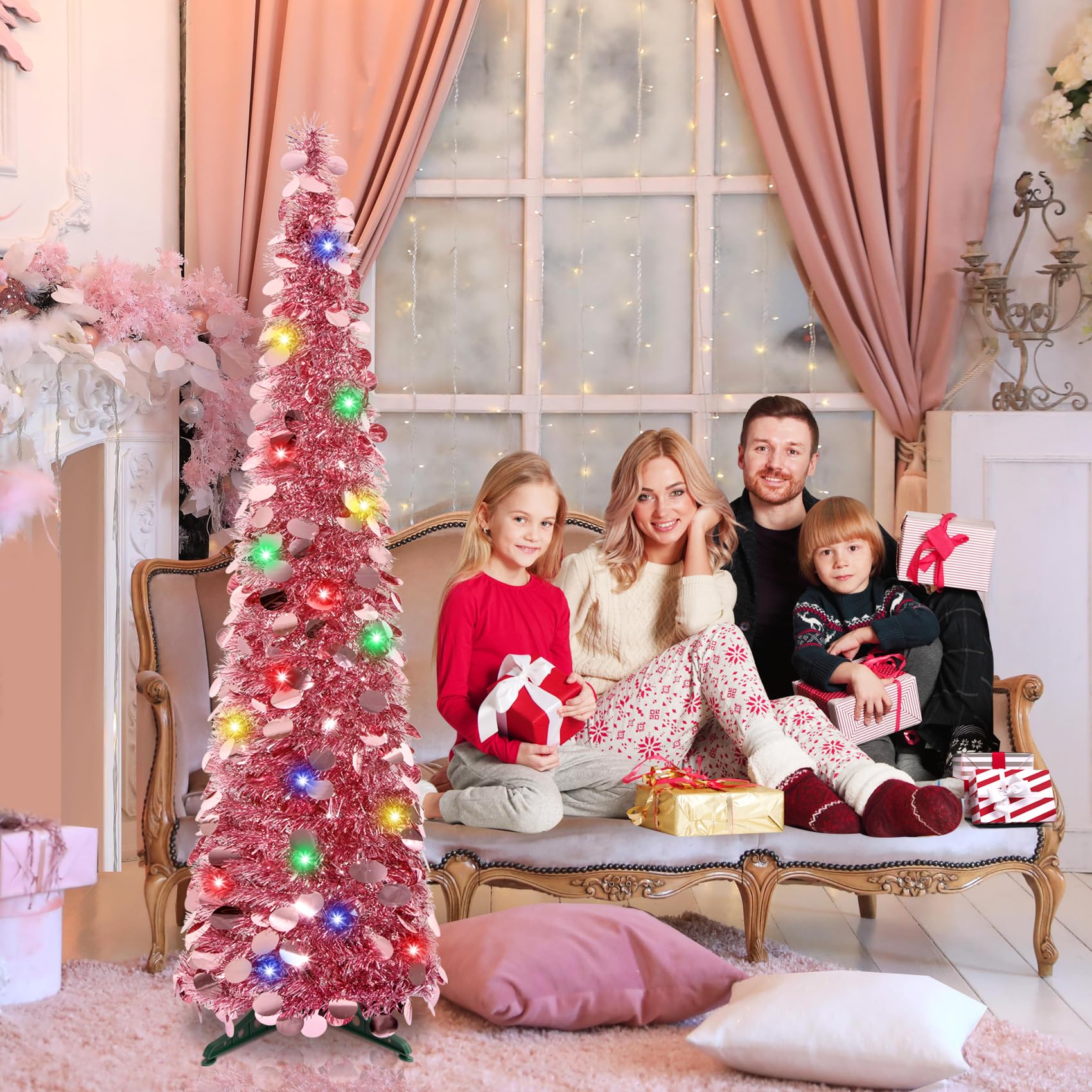 5Ft Pop Up Christmas Tree with Lights, Collapsible Pencil Tree Pink, Skinny Christmas Tree Slim Xmas Tree, Artificial Tinsel Tree Foldable for Home Apartment Holiday Party Winter Decor - Medaid International