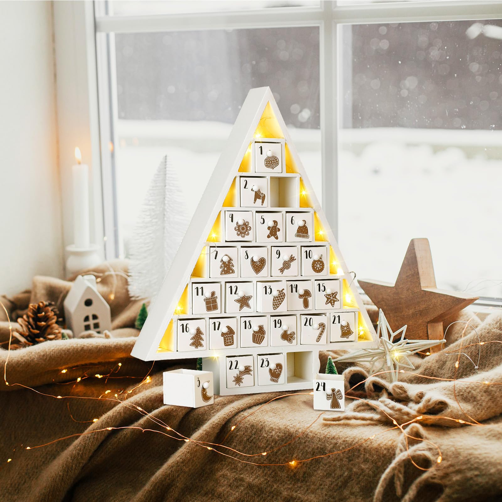 Cinnvoice LED Wooden Christmas Advent Calendar with 24 Drawers, Tree Shaped Countdown to Christmas Refillable Wooden Advent Calendar with LED Lights, Reusable Xmas Gift for Family Adults Friend, White - Medaid International