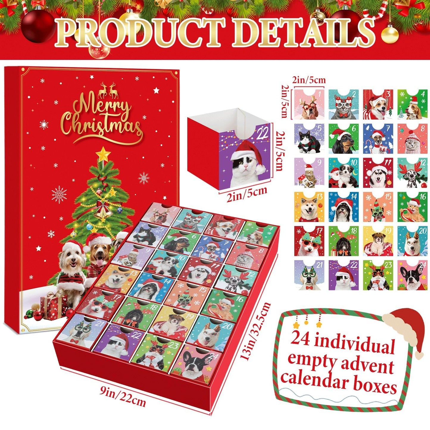 Dogs & Cats Advent Calendar 2025, Empty Advent Calendar to Fill Yourself, Advent Calendar Box Drawers Christmas Gifts for Pet Dog Lover Personalize with Treats Winter Holiday Xmas Countdown Gift - Medaid International