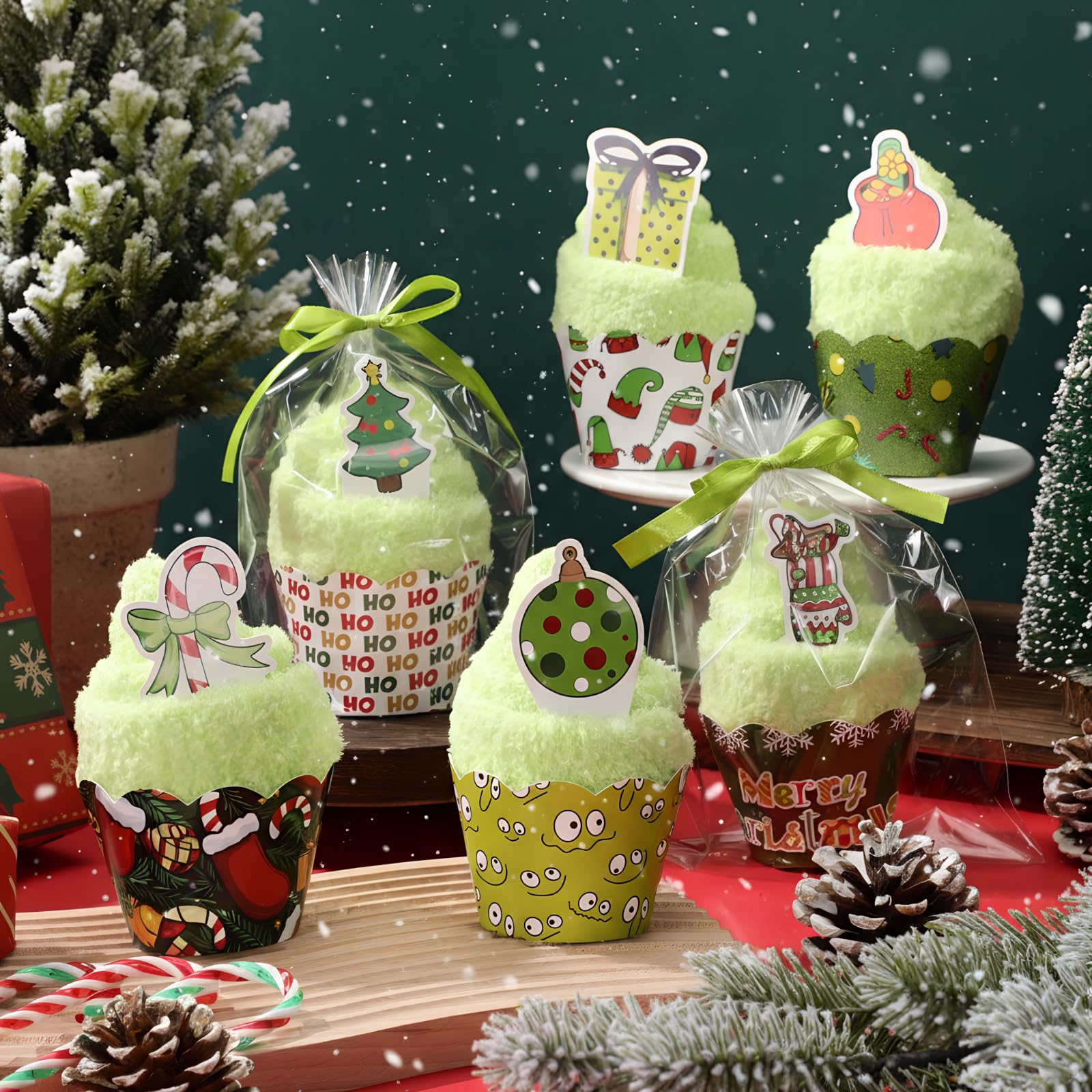 Suhine 12 Pairs Christmas Fuzzy Socks for Women, Elf Cupcake Gift Socks Xmas Green Stockings Bulk Christmas Basket Stuffers - Medaid International