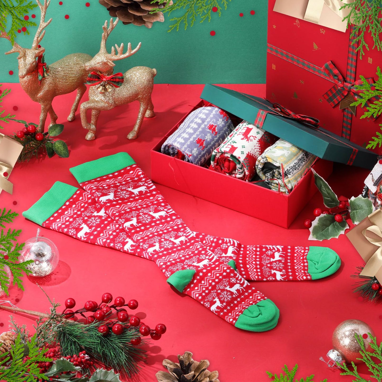 Suhine 4 Pairs Christmas Compression Sock Gift, Christmas Knee High Sock Long Calf Stocking for Xmas Adult Women Nurses Men(Vintage Style) - Medaid International