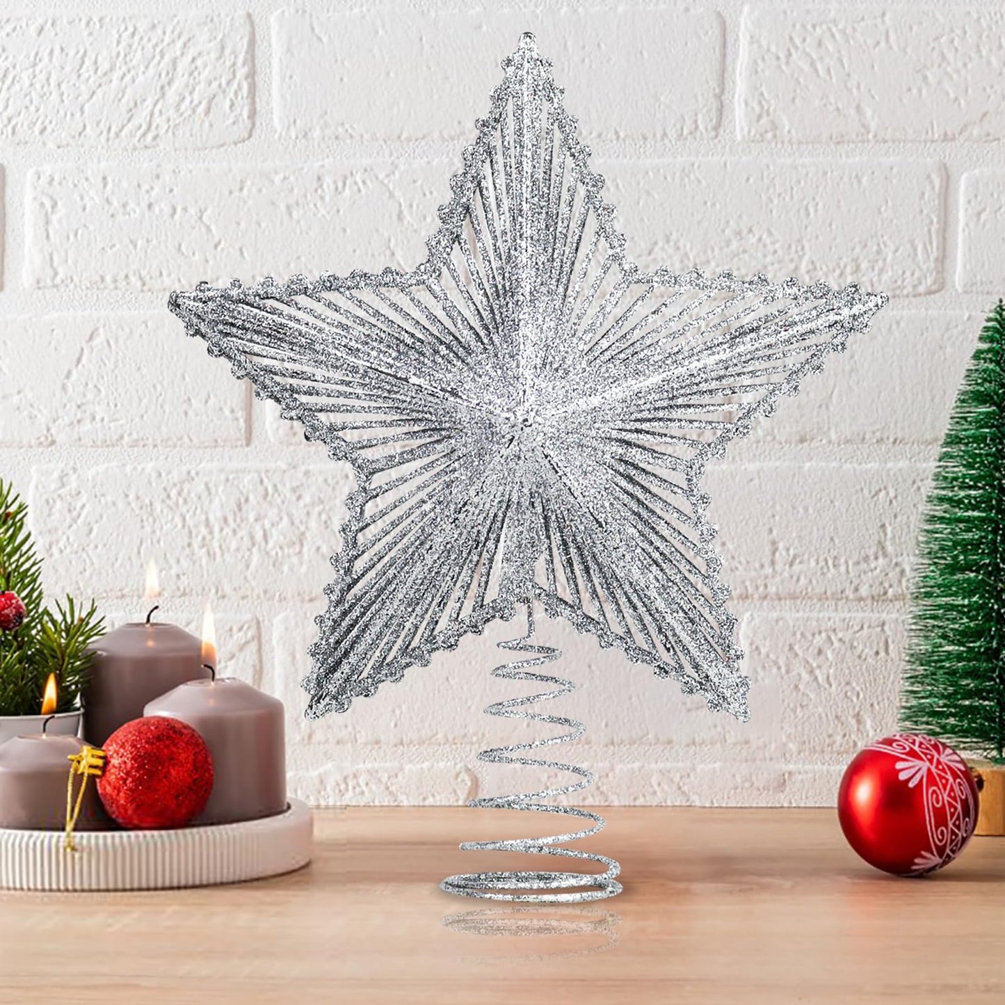 Glittering 5-Point Star Christmas Tree Topper, Sparkly Festive Red Star Ornament with Stable Base for Indoor Outdoor Party(Sliver) - Medaid International