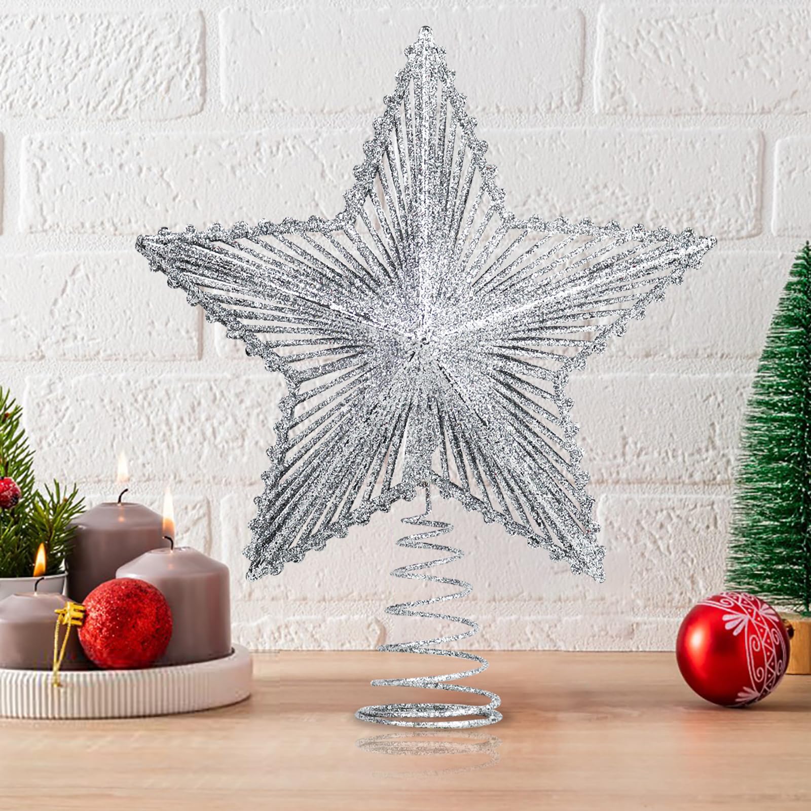 Glittering 5-Point Star Christmas Tree Topper, Sparkly Festive Red Star Ornament with Stable Base for Indoor Outdoor Party(Sliver) - Medaid International