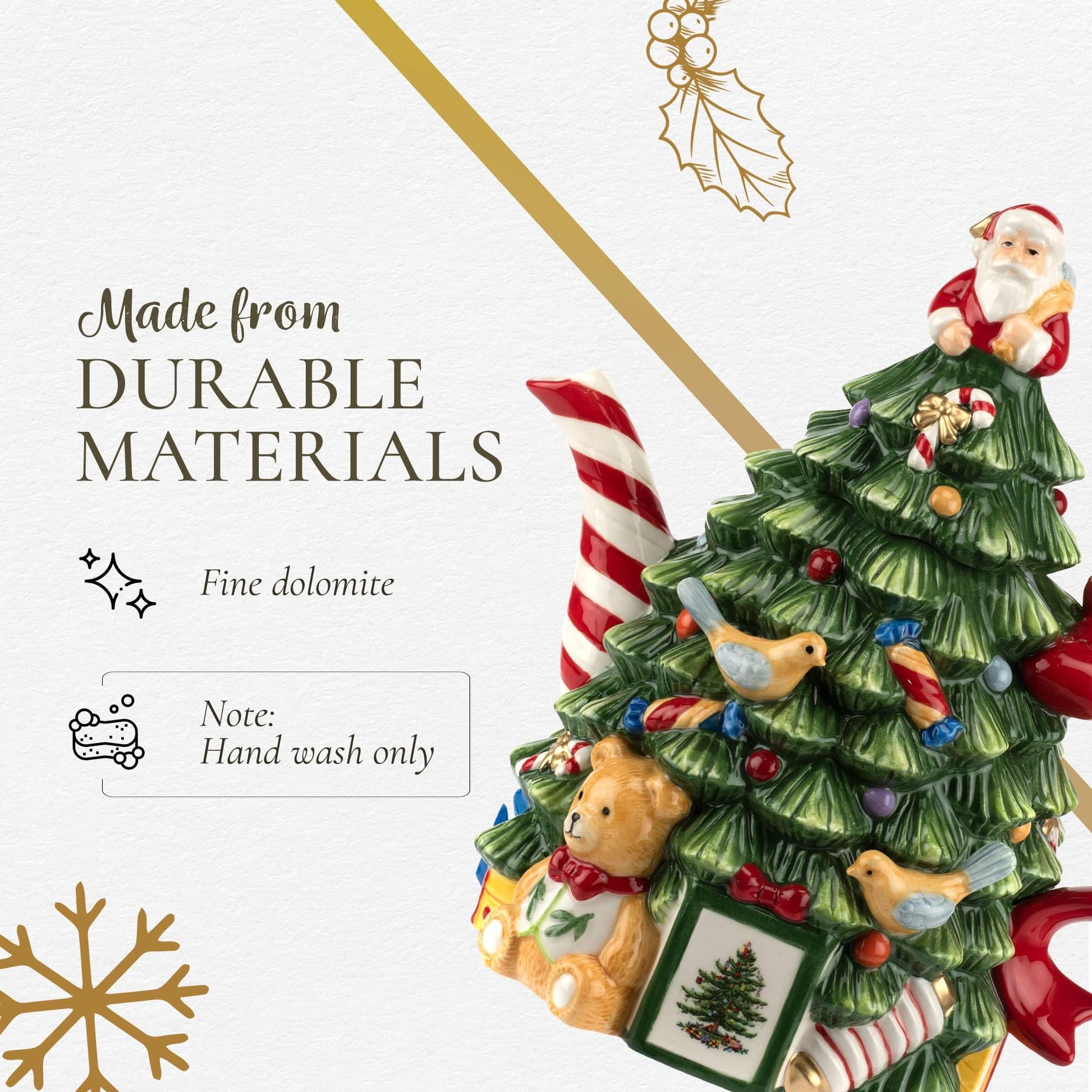 Spode Christmas Tree Figural Teapot - Festive 27 oz Christmas Teapot with Mistletoe Accents, Peppermint Stripe Spout, and Ribbon Handle - Decorative Dolomite Tea Pot for Holiday Tea Parties - Medaid International