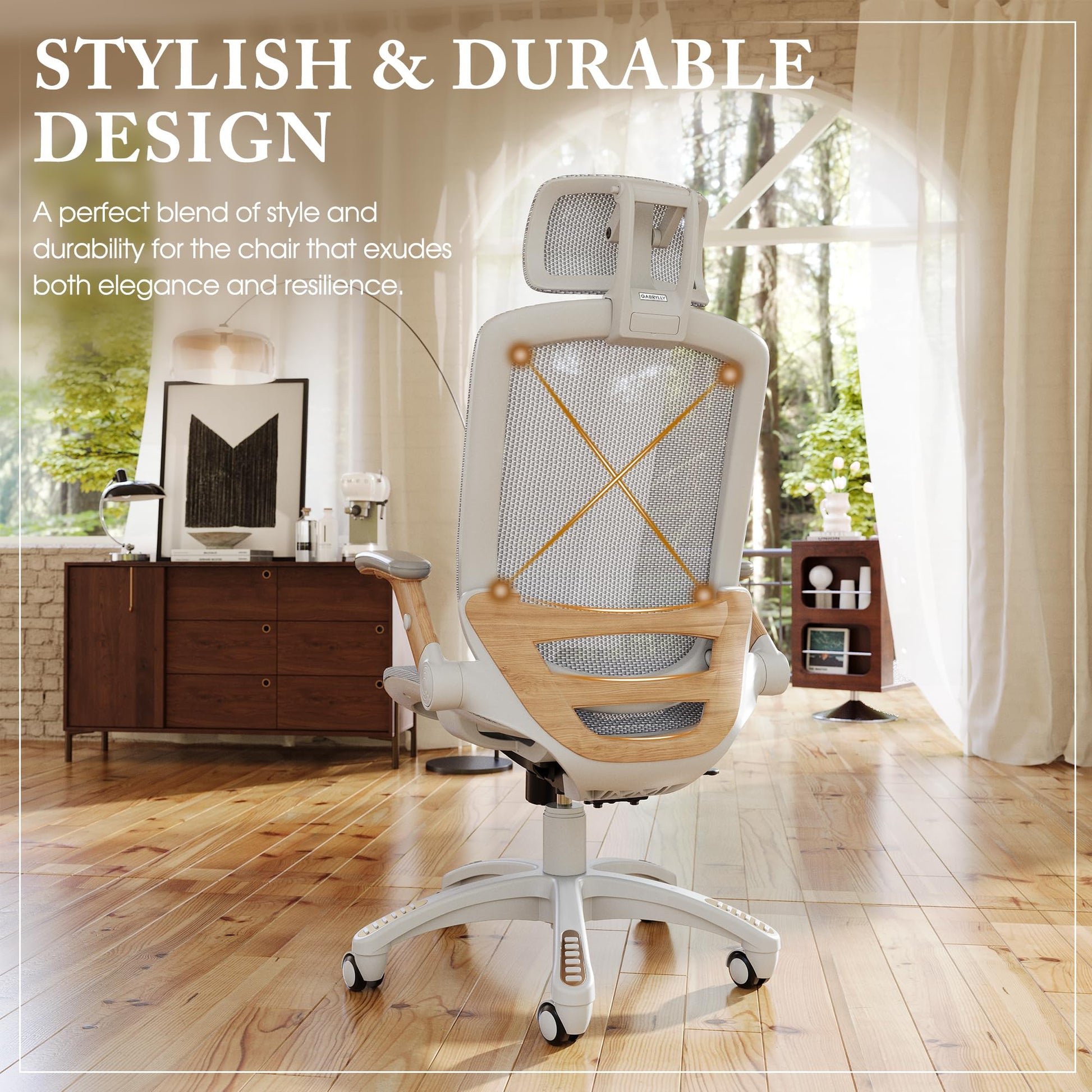 GABRYLLY Ergonomic Office Chair, High Back Home Desk Chair with Flip-Up Arms, Headrest, 90-120° Tilt and Wide Cushion, 400LBS White Mesh Chair for Work Gaming Study (GY01-NT, Woodgrain Pattern) - Medaid International