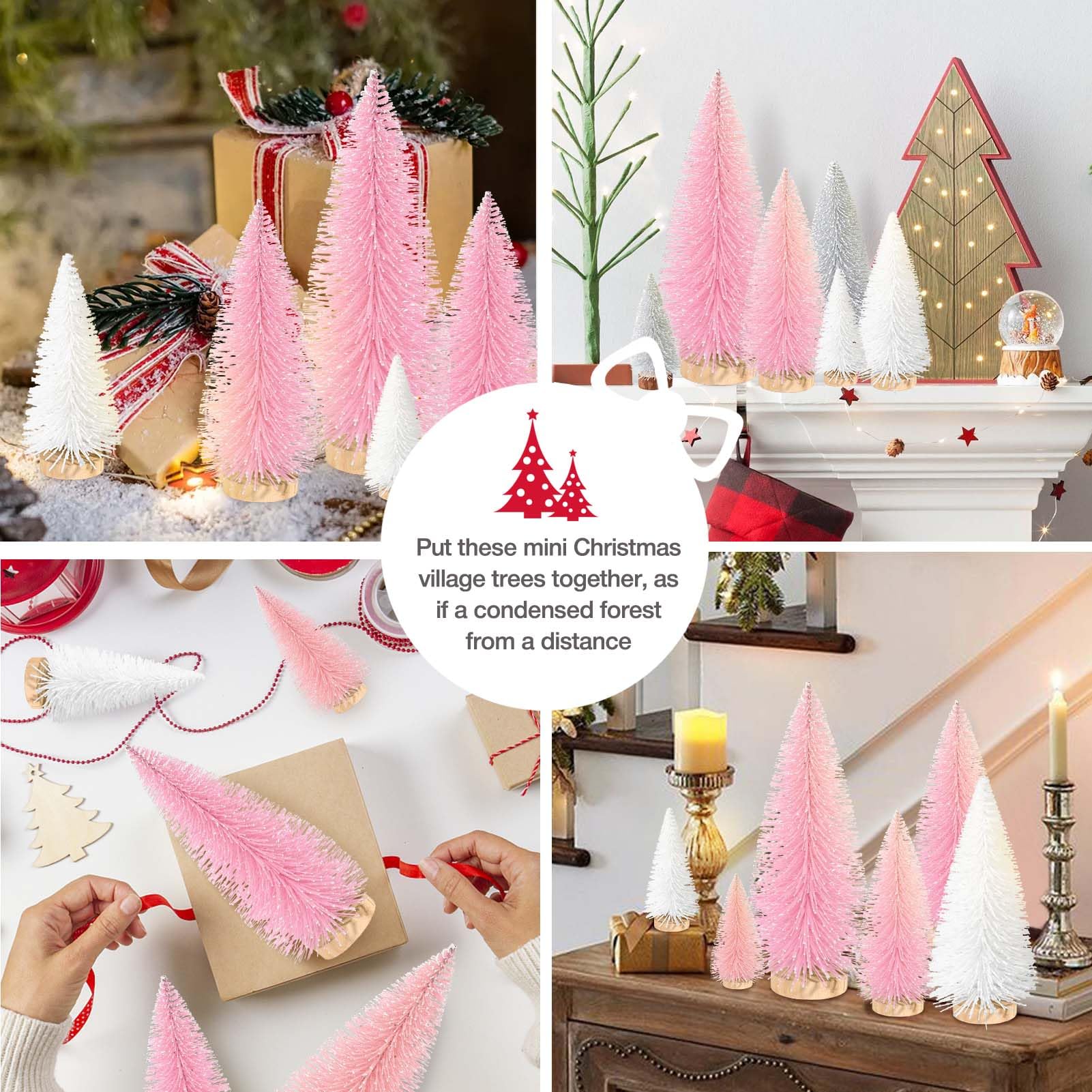 9Pcs Mini Christmas Trees Christmas Decor Artificial Christmas Decorations with 4 Sizes, Christmas Tree Bottle Brush Trees Christmas Table Decorations (Pink Light Pink White) - Medaid International