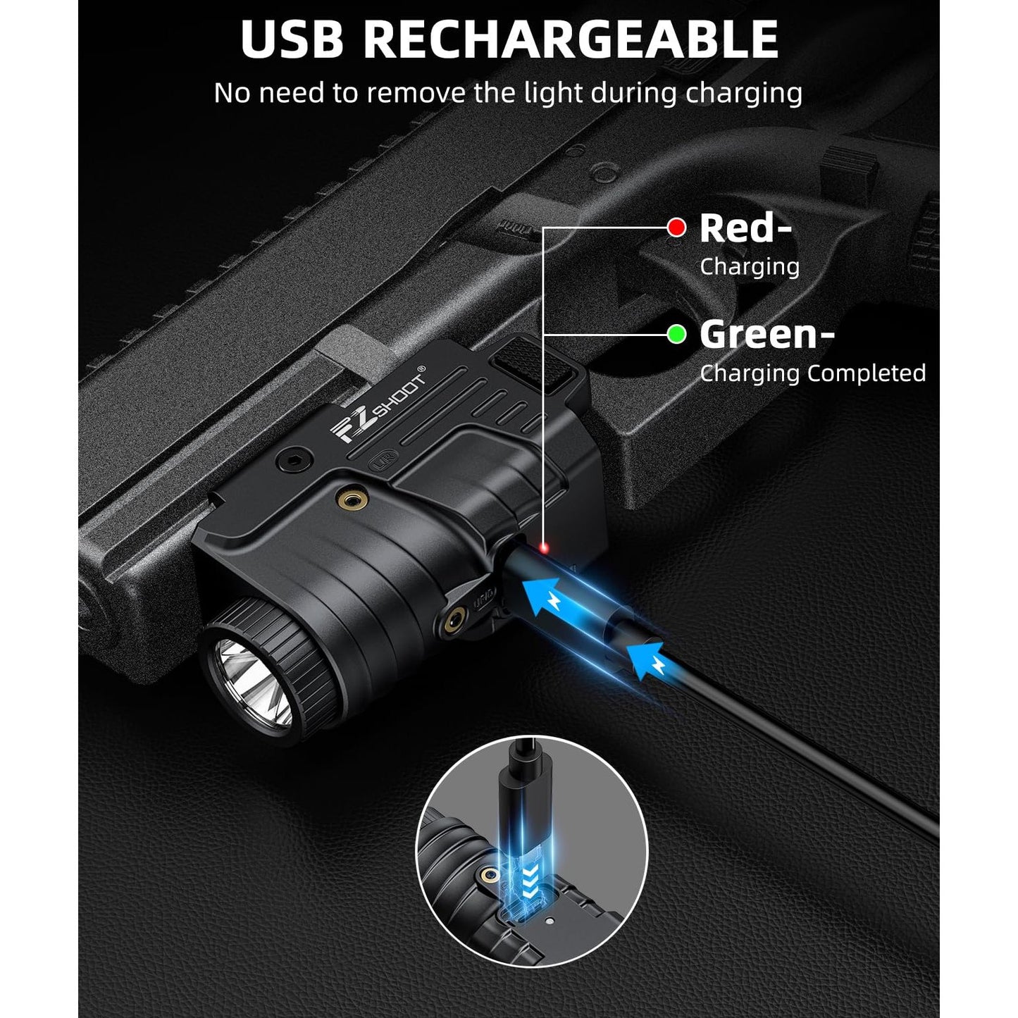 EZshoot 800 Lumens Pistol Light Laser Combo Rechargeable, Pistol Flashlight with Slidable Rail Compatible with Glock and Picatinny Rail, Tactical Flashlight with Green Laser Beam - Medaid International