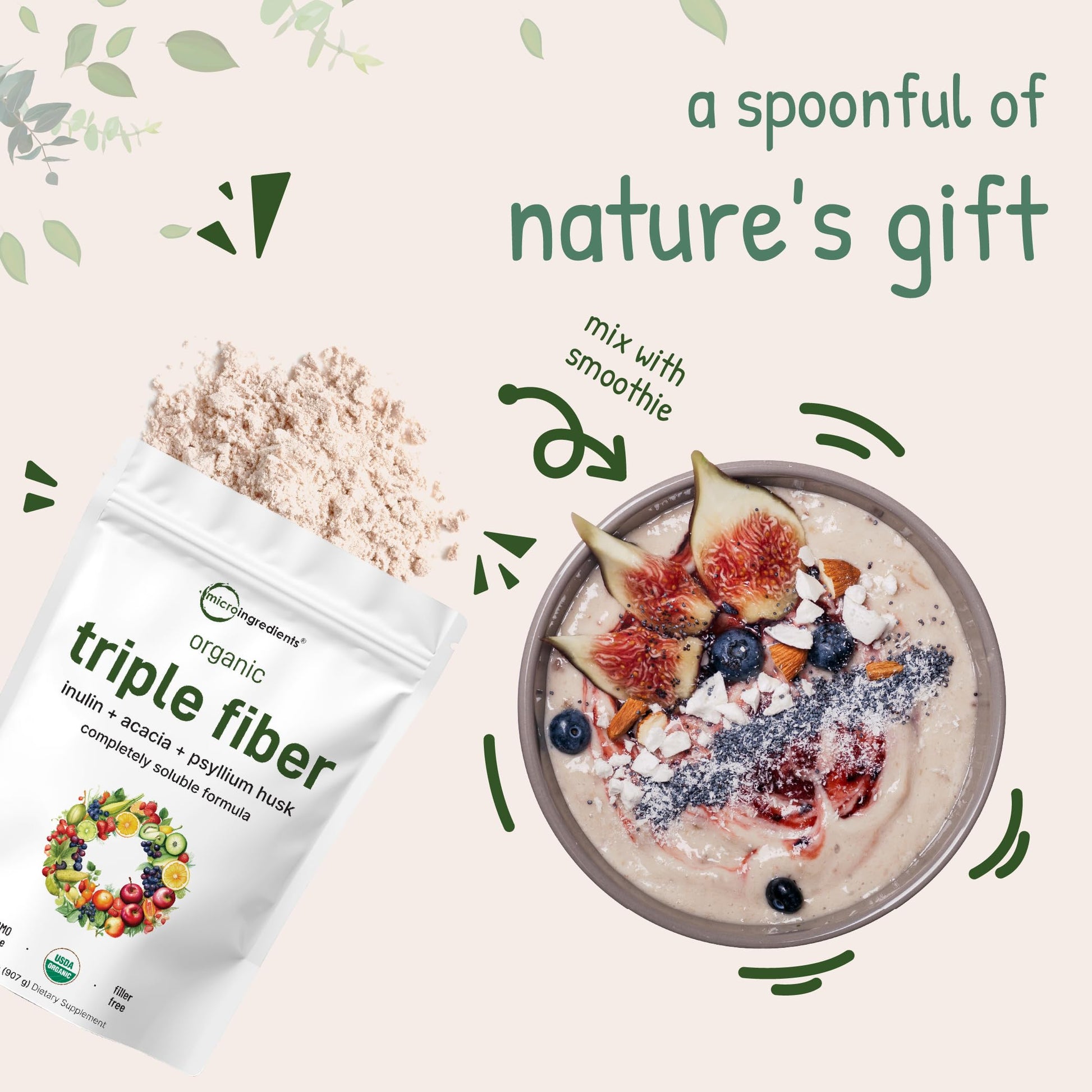 Micro Ingredients Organic Triple Fiber Powder, 2lb | Natural Prebiotic to Support Digestive & Gut Health | Soluble, Easily Digestible | Unflavored, Vegan - Medaid International