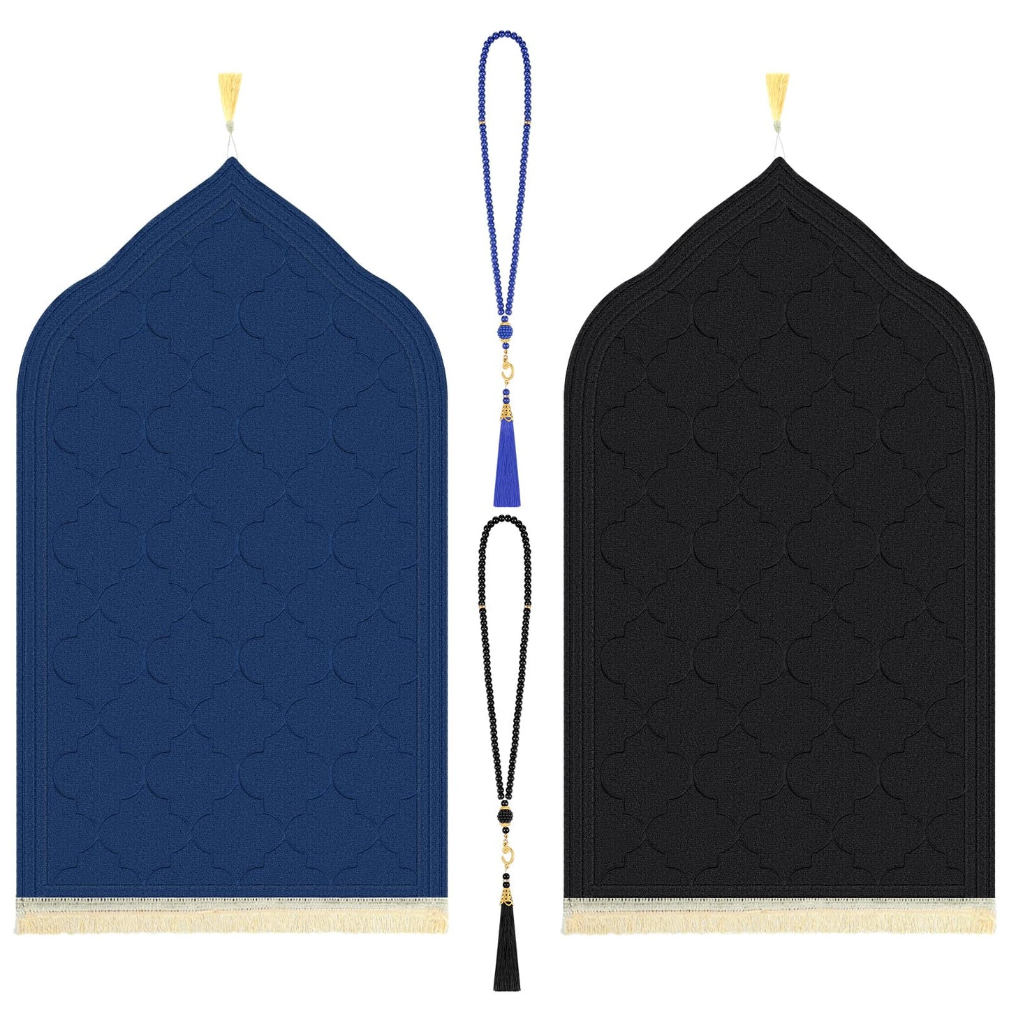 Fanfanwin 2 Pcs Muslim Prayer Rug Blue and Black Thickening Sponge Muslim Rug Islamic Prayer Mat with 2 Pcs Prayer Beads Islam Gifts for Men Women Eid Travel Ramadan - Medaid International