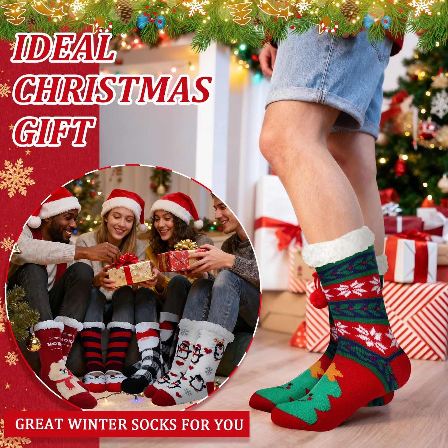 Cutecrop 16 16/24 Pairs Christmas Slipper Socks for Women Men Fuzzy Non-slip Cozy Fluffy Holiday Thermal Socks Bulk Gifts (Black Snowman) - Medaid International