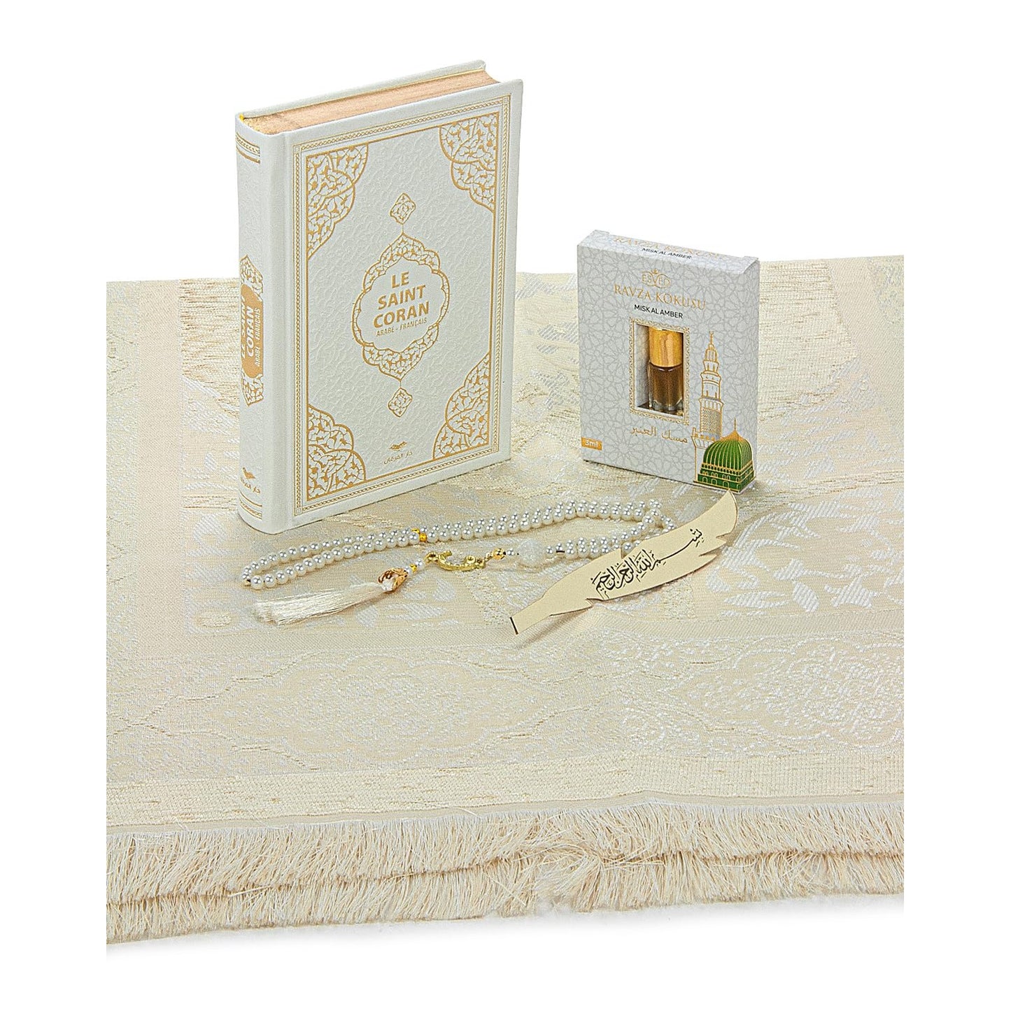 ihvan online Prayer Gift Set for Hajj and Umrah, Muslim Prayer Rug, Prayer Mat, Beads Taasbih, Holy Quran Translated French, Praying Mat, Islamic Gift Set for Ramadan & Eid, White - Medaid International