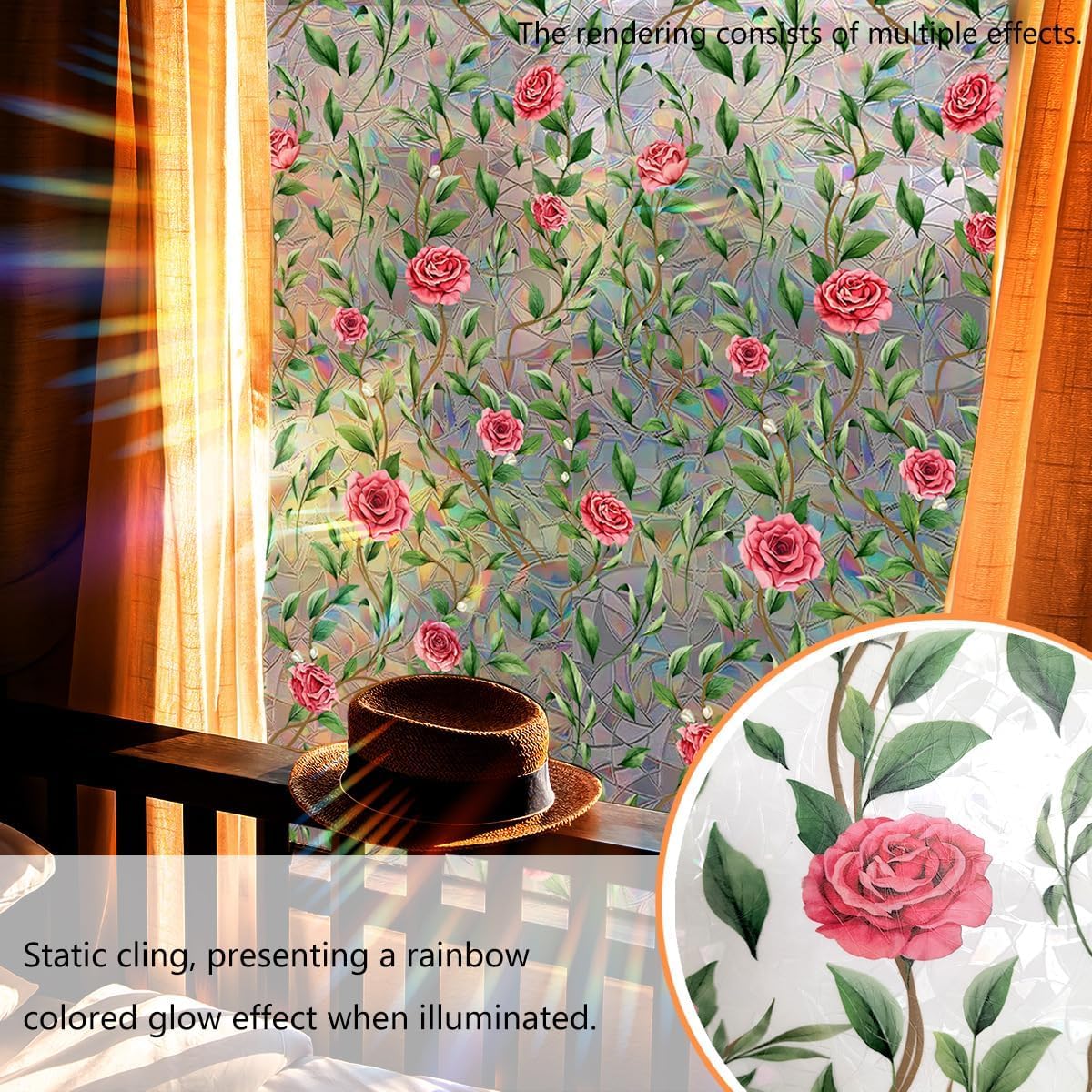 NALACAL Window Privacy Film, Decorative Rose Floral Frosted Window Film, Double Sided Static Glass Window Clings, 45 x 100cm - Medaid International