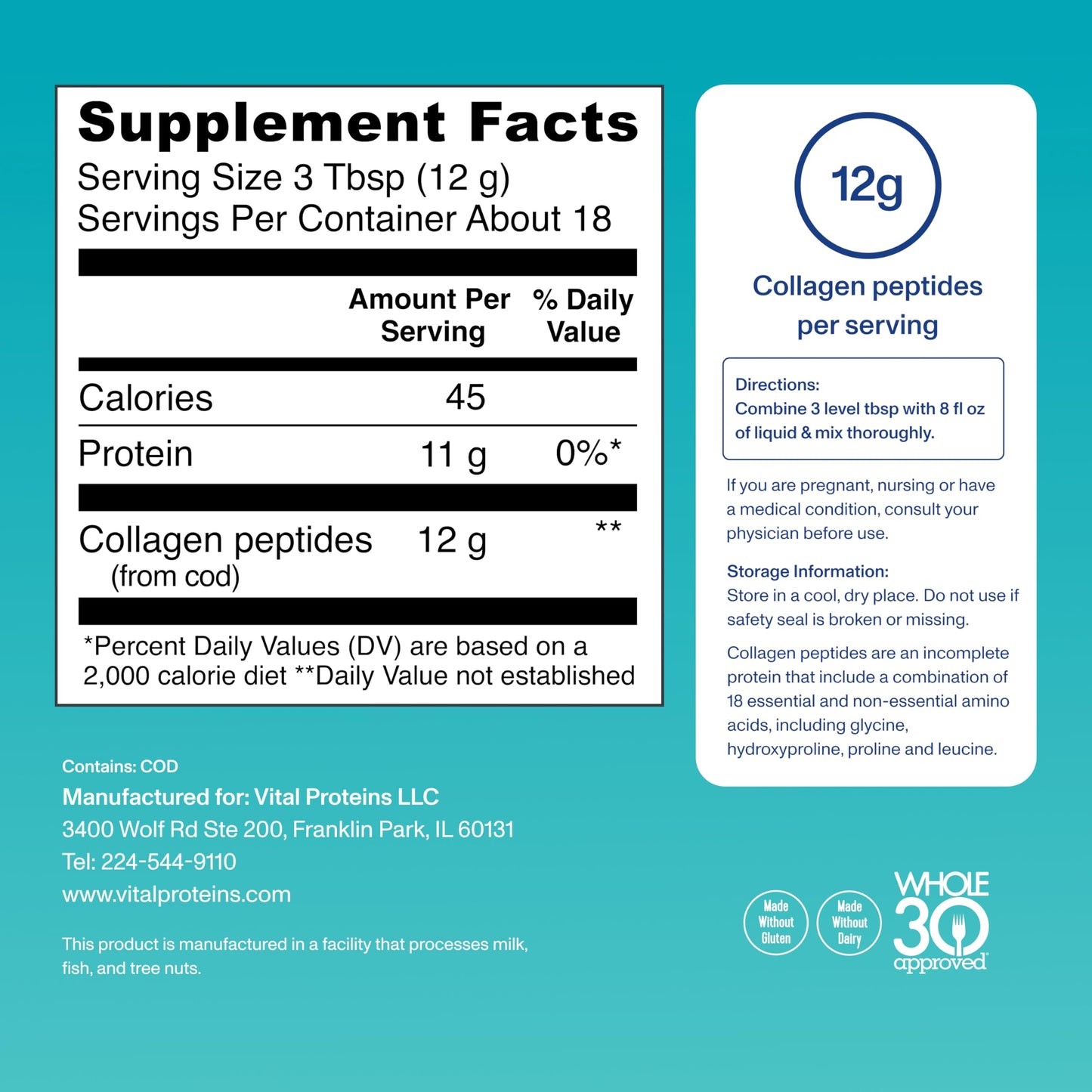 Vital Proteins Marine Collagen Peptides Powder Supplement for Skin Hair Nail Joint - Hydrolyzed Collagen - 12g per Serving - 7.8 oz Canister - Medaid International