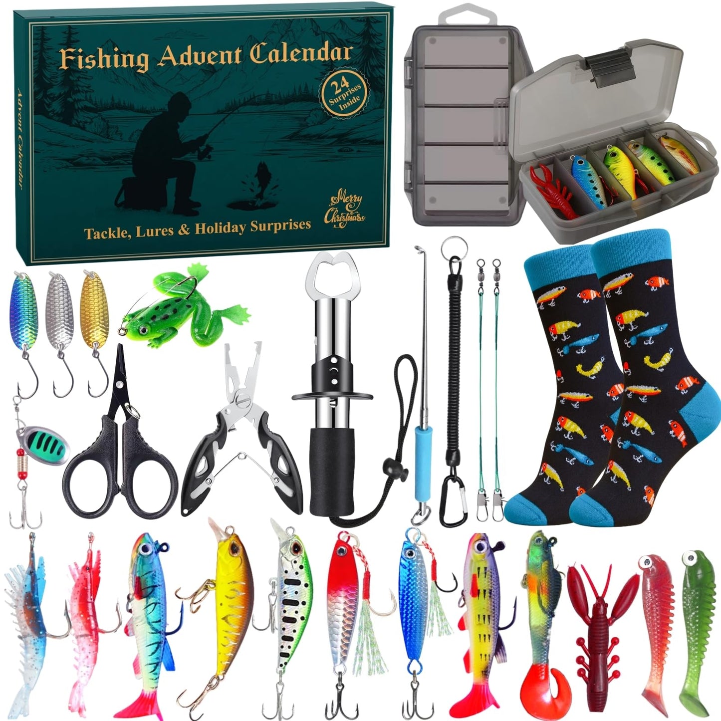 Fishing Advent Calendar 2025 for Men, 24-Day Fishing Tackle Advent Calendar with Lures, Tools, Tackle Box & Holiday Surprises, Christmas Countdown Gift for for Men, Dad, Husband - Medaid International