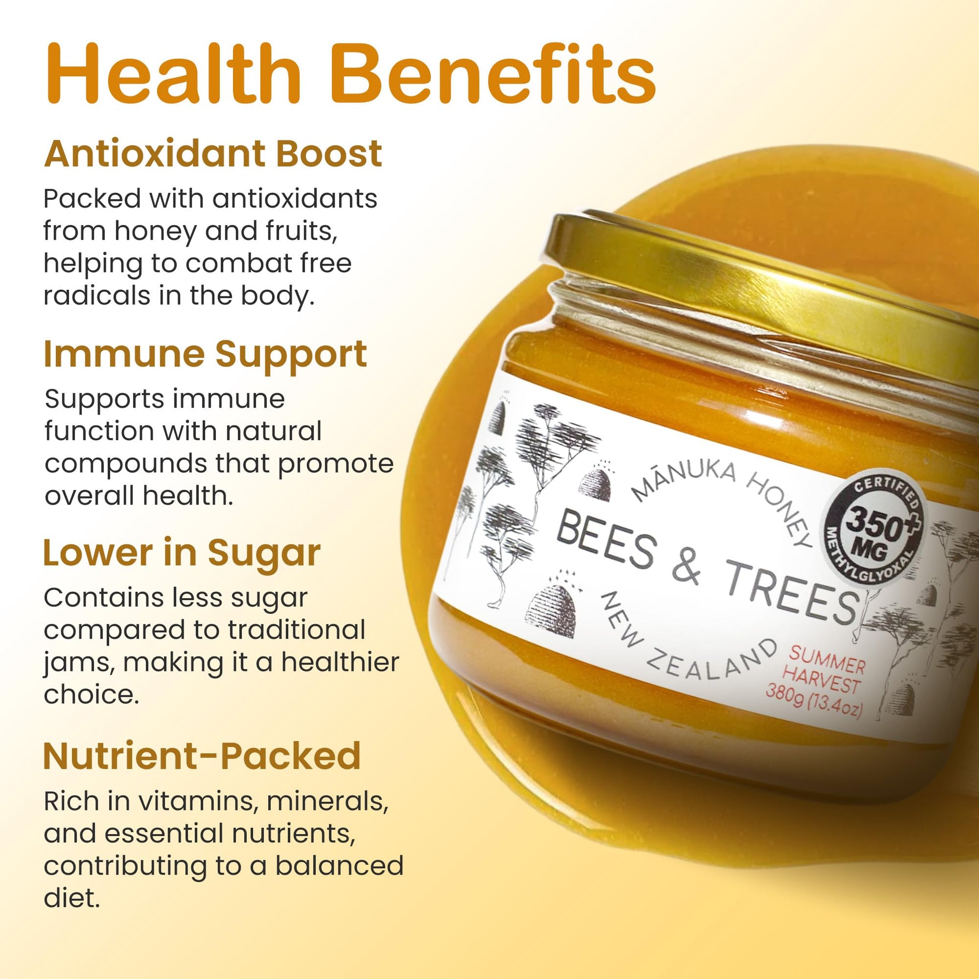Bees & Trees Manuka Honey 350+ MGO – Pure New Zealand Raw Monofloral Honey – Unpasteurized & Natural – 380g (13.4oz) Glass Jar – Perfect for Coffee, Tea & Daily Wellness - Medaid International