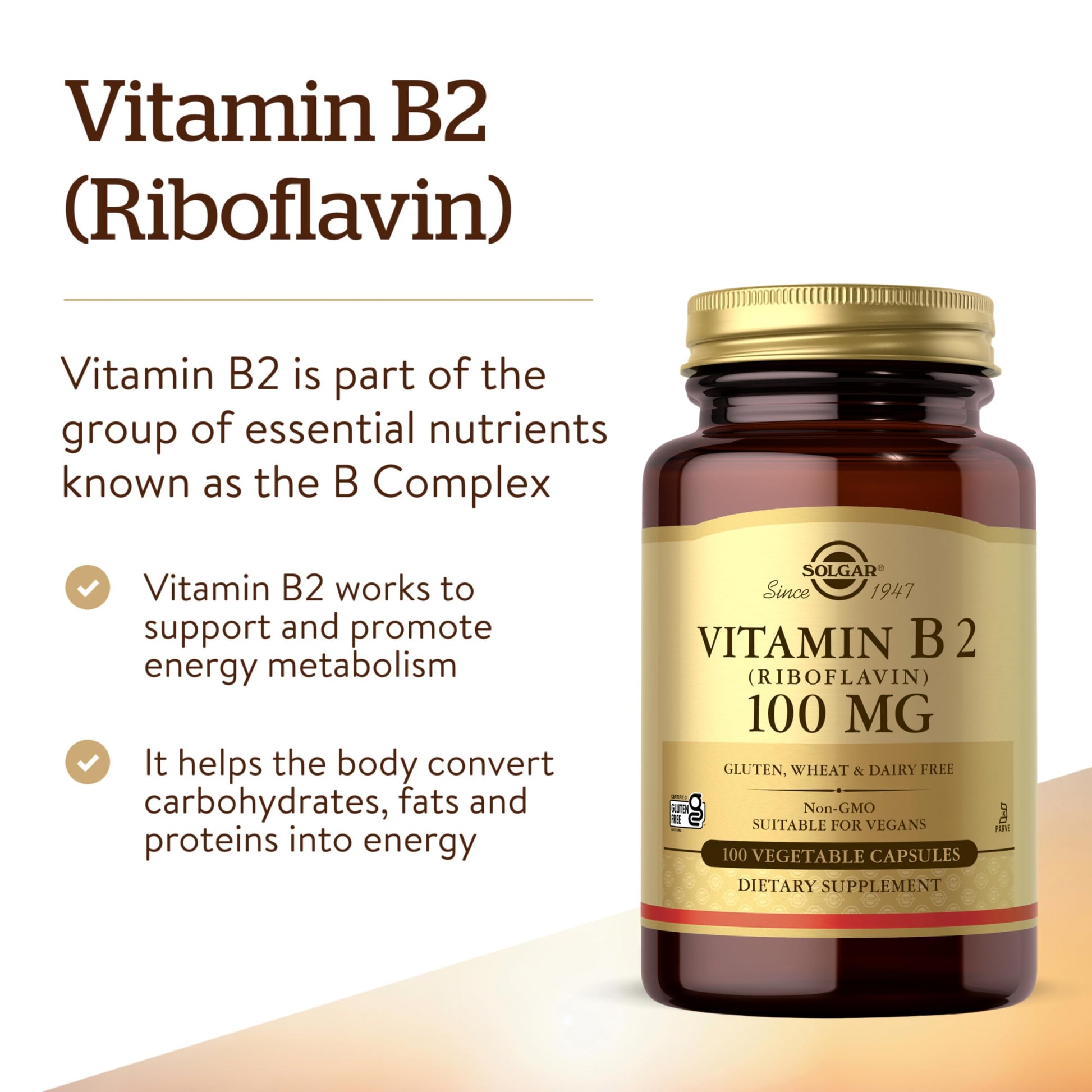 Solgar Vitamin B2 (Riboflavin) 100mg, 100 Vegetable Capsules - Energy Metabolism, Healthy Nervous System - Non-GMO, Vegan, Gluten Free, Dairy Free, Kosher - 100 Servings - Medaid International