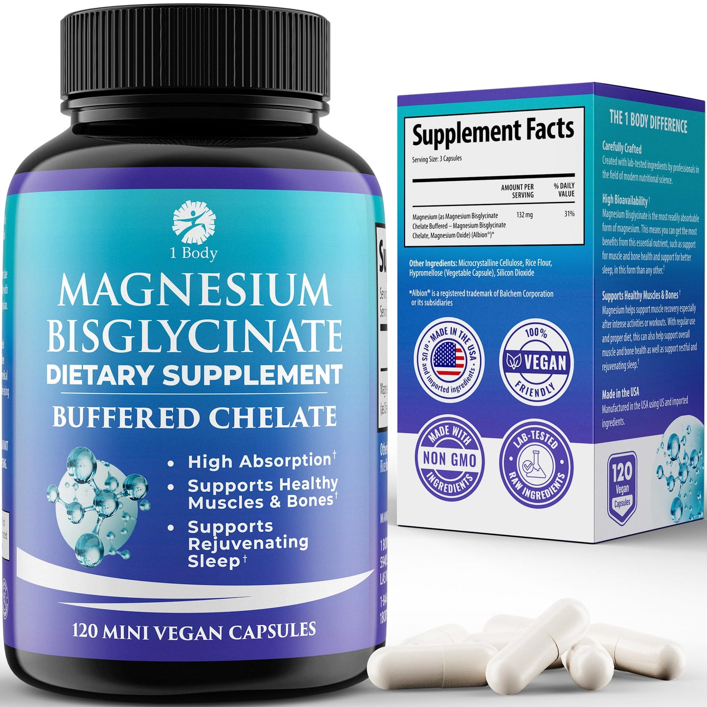 1 Body Magnesium Bisglycinate Supplement, 44 mg Pure Chelated Formula, 120 Capsules, Maximum Absorption, Muscle Cramp Relief - Medaid International