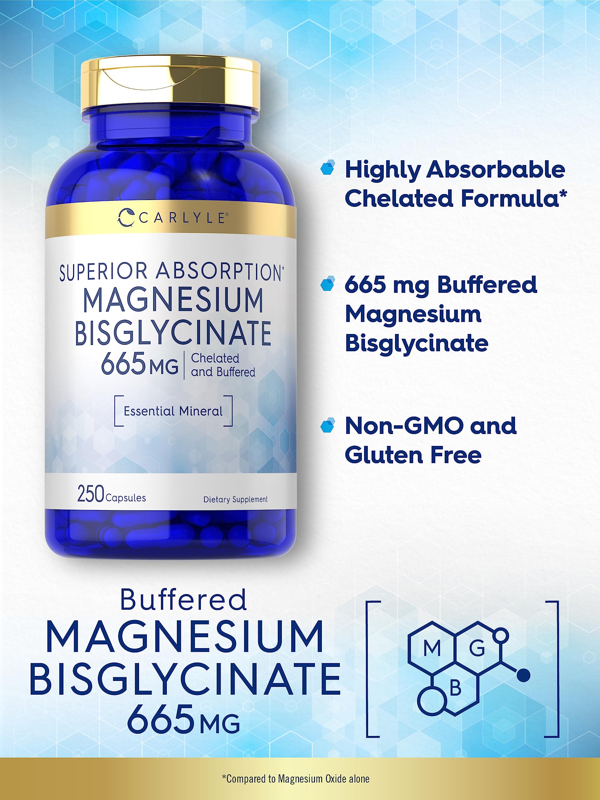 Carlyle Buffered Magnesium Bisglycinate 665 mg | 250 Capsules | Chelated Essential Mineral | Non-GMO and Gluten Free Supplement - Medaid International