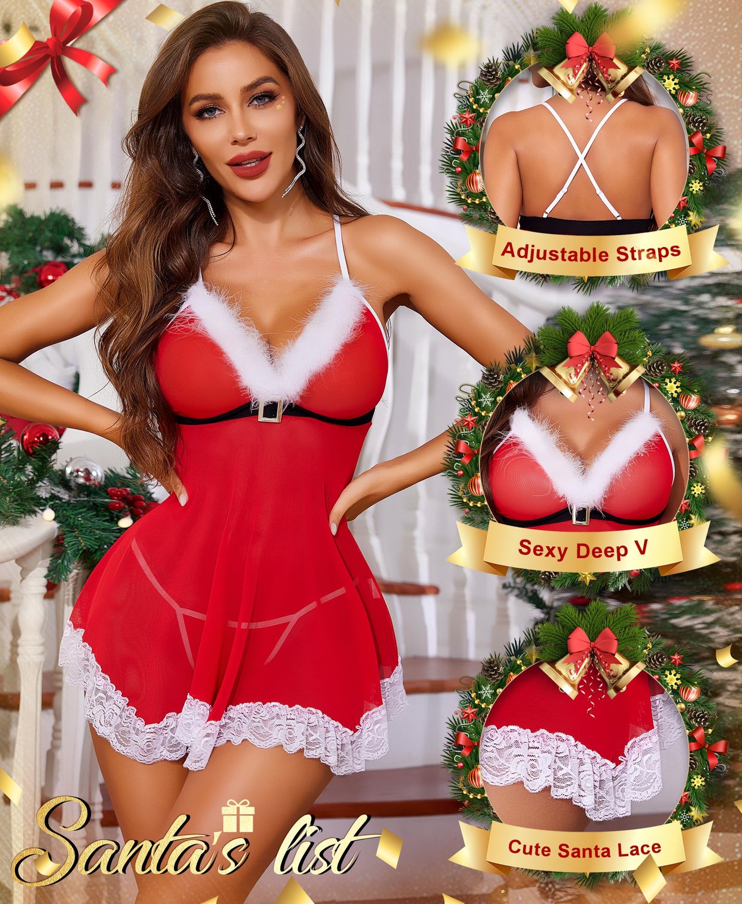 RSLOVE Womens Sexy Christmas Lingerie Red Santa Babydoll Lace Chemises Sleepwear Red S - Medaid International