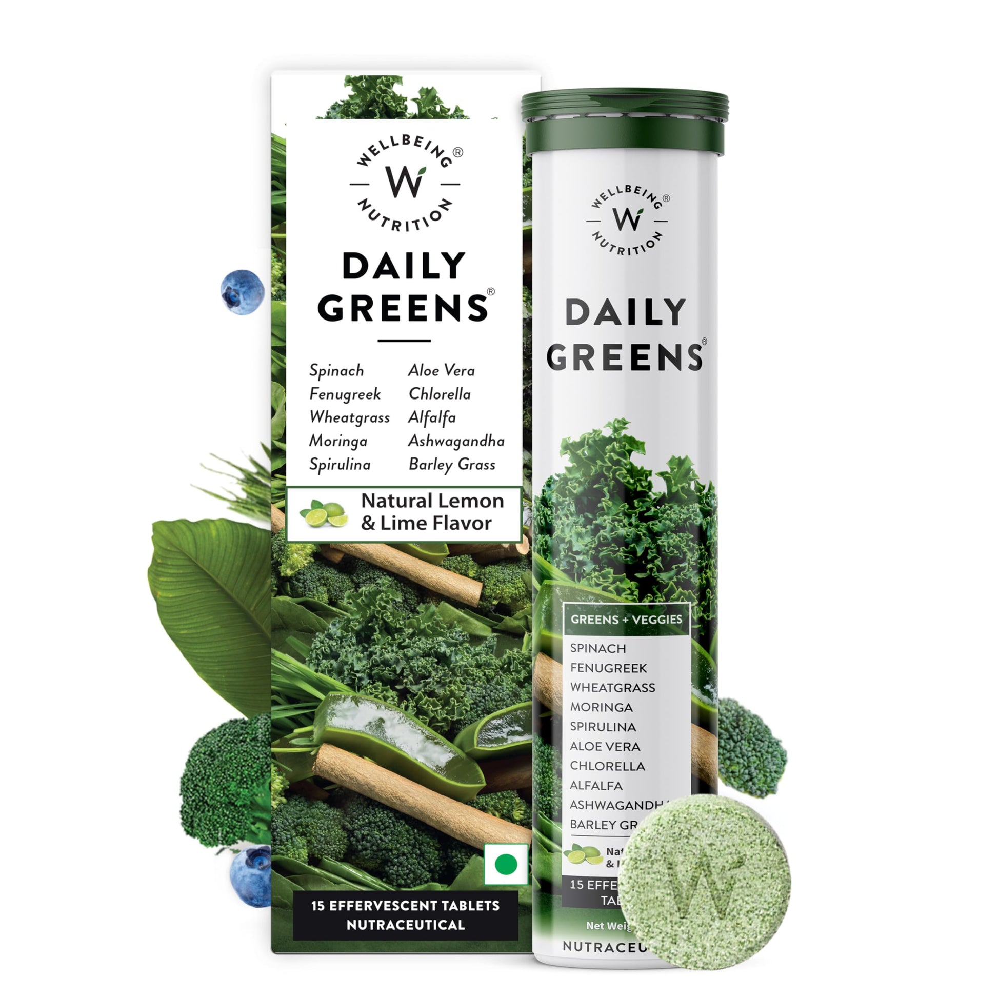 WELLBEING NUTRITION Daily Greens, Wholefood Multivitamin with Vitamin C, Zinc, B6, B12 for Immunity and Detox with 39+ Organic Certified Plant Superfoods & Antioxidants(15Tabs x 2) (63 g (Pack of 2)) - Medaid International
